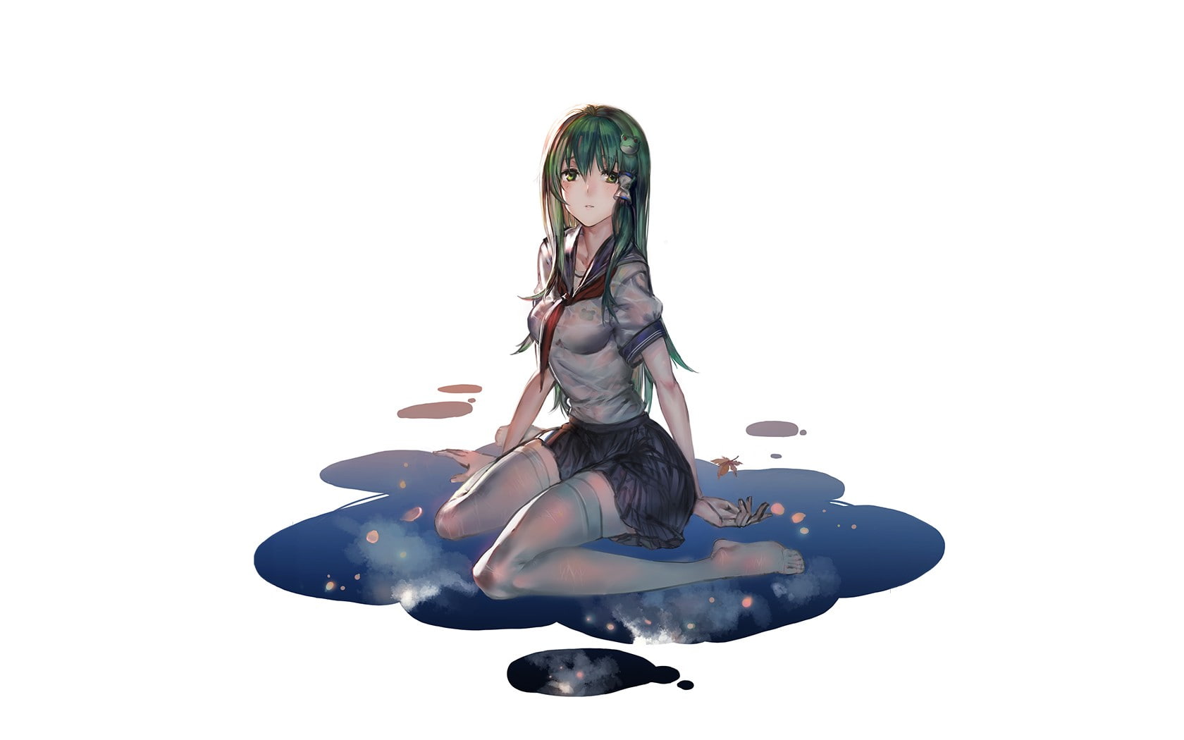 green hair, Touhou, school uniform, anime girls, simple background, 720P, anime, skirt, hair ornament, thigh-highs, white background, kneeling, looking at viewer, HD Wallpaper