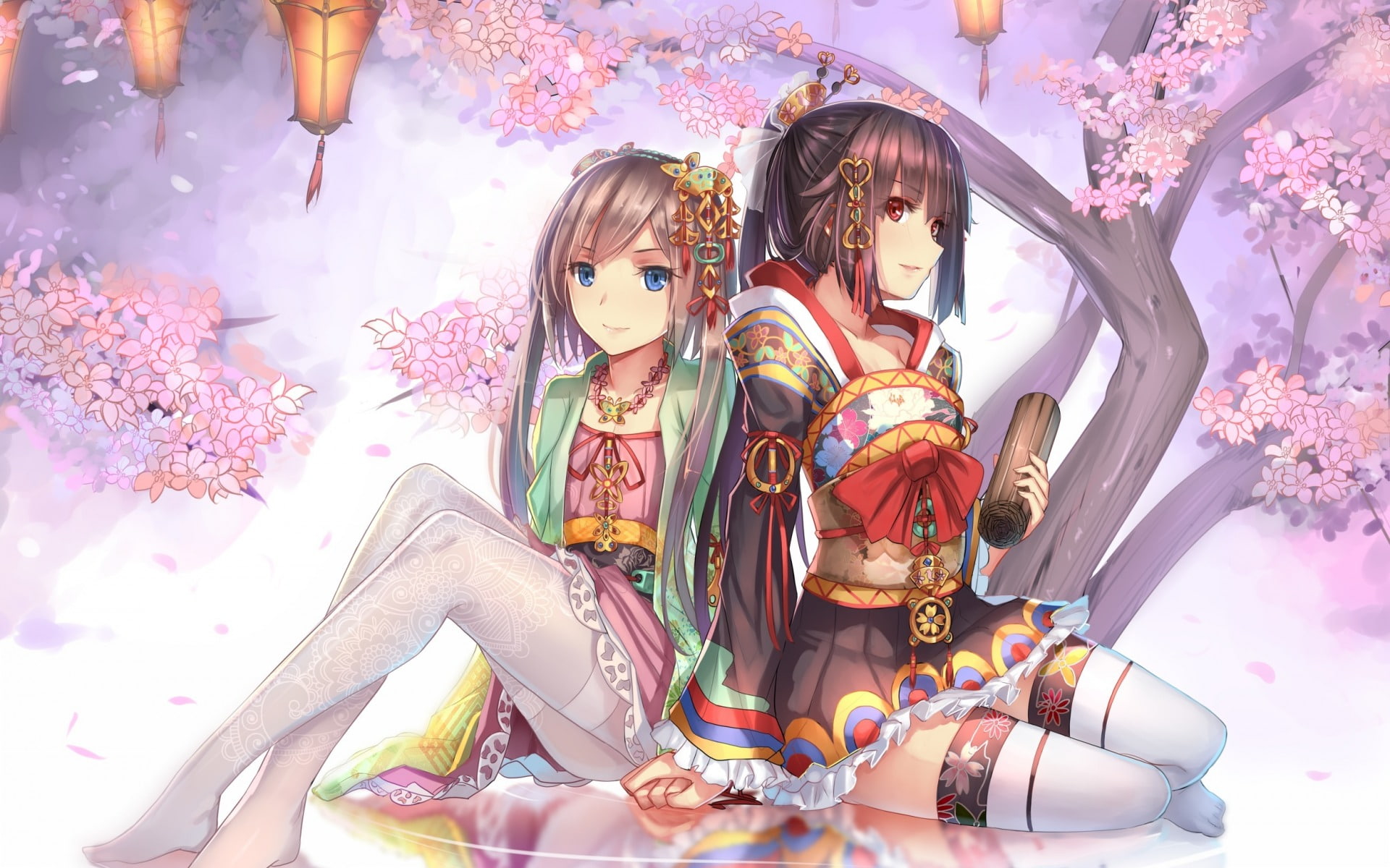 red eyes, blossom, blue eyes, thigh-highs, anime, long hair, 1080P, anime girls, brunette, hair ornament, HD Wallpaper