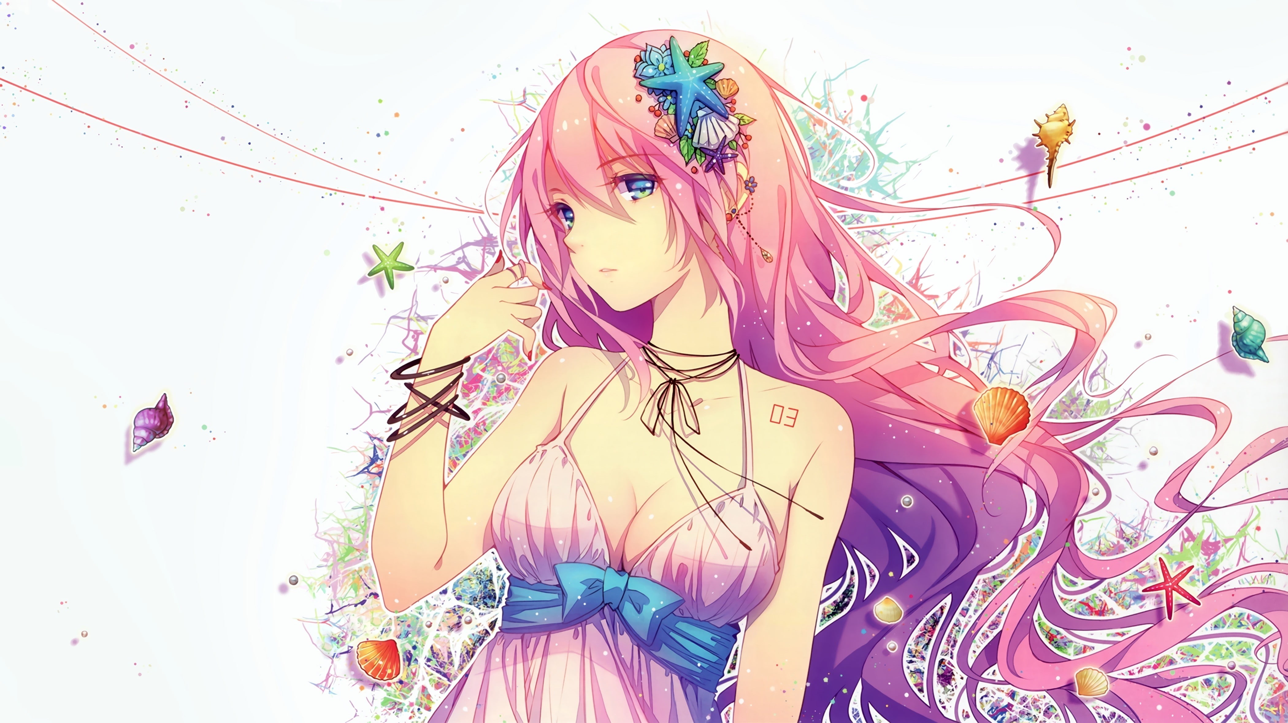 headdress, young adult, purple hair, white background, lifestyles, dress, starfish, bangs, jewelry, real people, ribbon, looking at camera, anime girls, HD Wallpaper