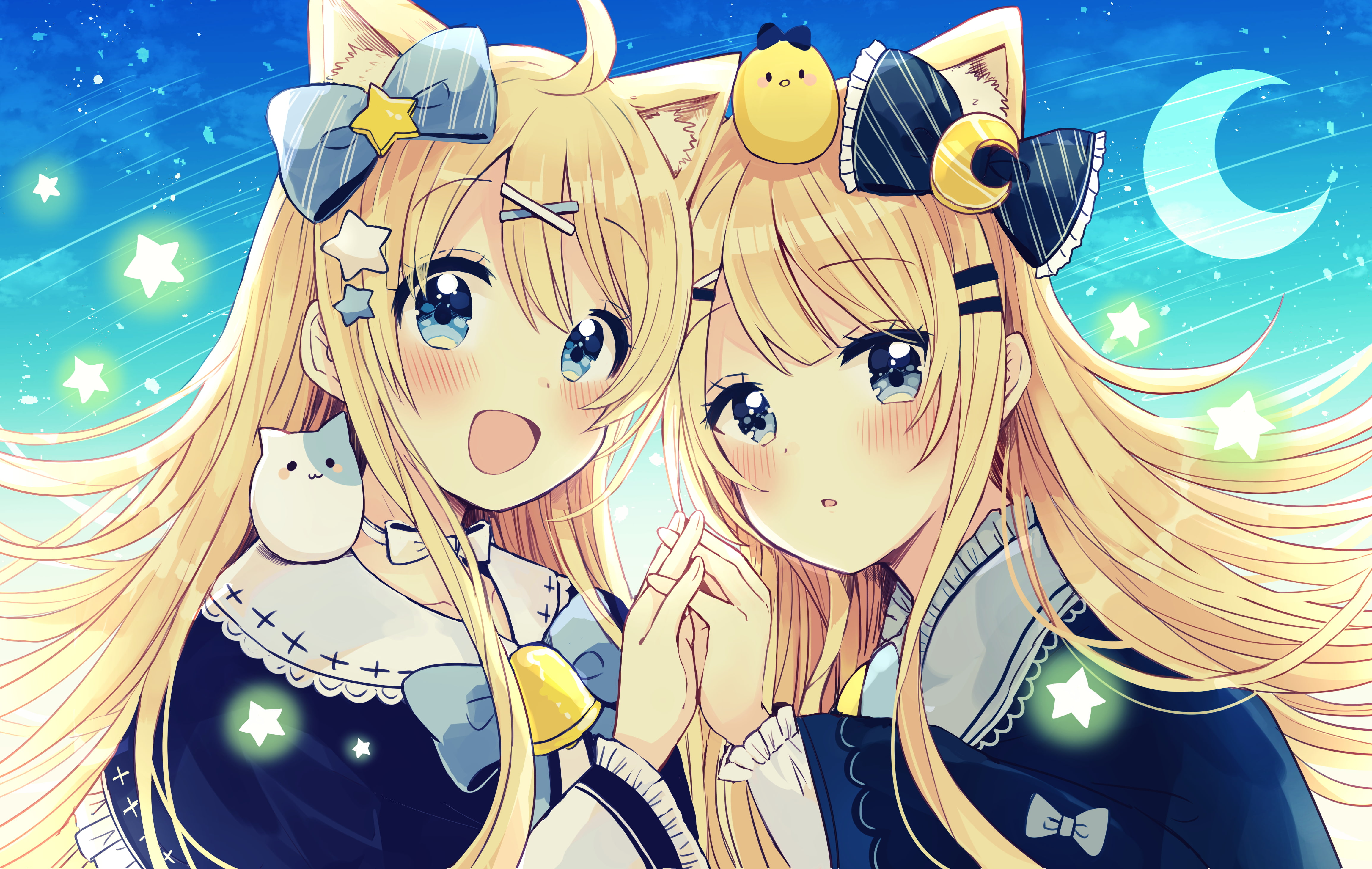 blonde, anime girls, smiling, long hair, nekomimi, open mouth, holding hands, blue eyes, 4K, Moon, hair ornament, blushing, HD Wallpaper