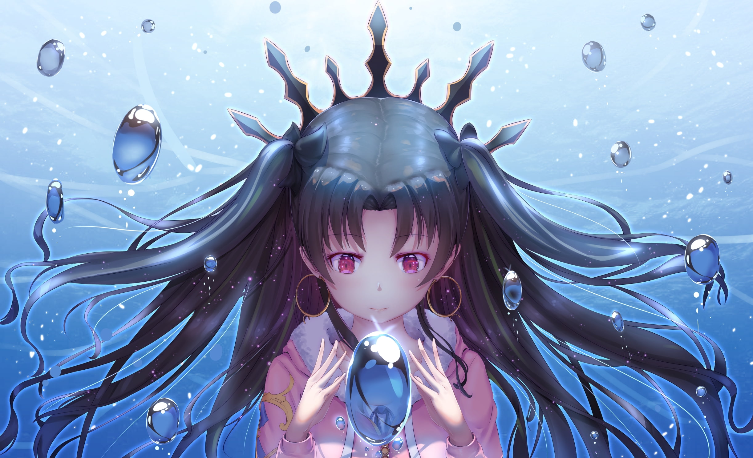 digital composite, representation, blue, 1080P, looking at camera, water bubbles, Anime, headshot, close-up, art and craft, black hair, red eyes, fate grand order, HD Wallpaper