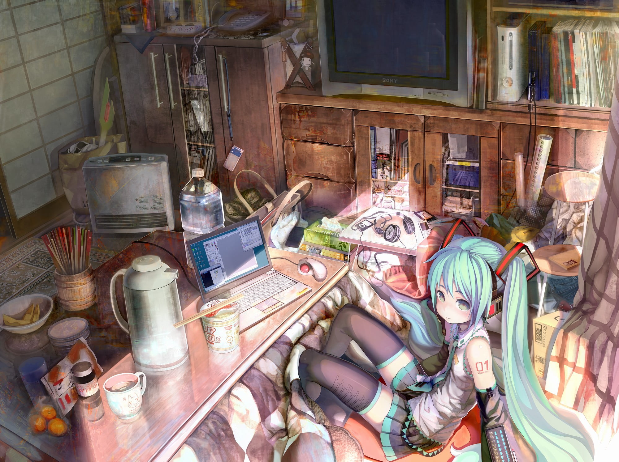 1080P, computer, high angle view, no people, large group of objects, Xbox 360, day, food and drink, Hatsune Miku, jar, domestic room, kitchen utensil, HD Wallpaper
