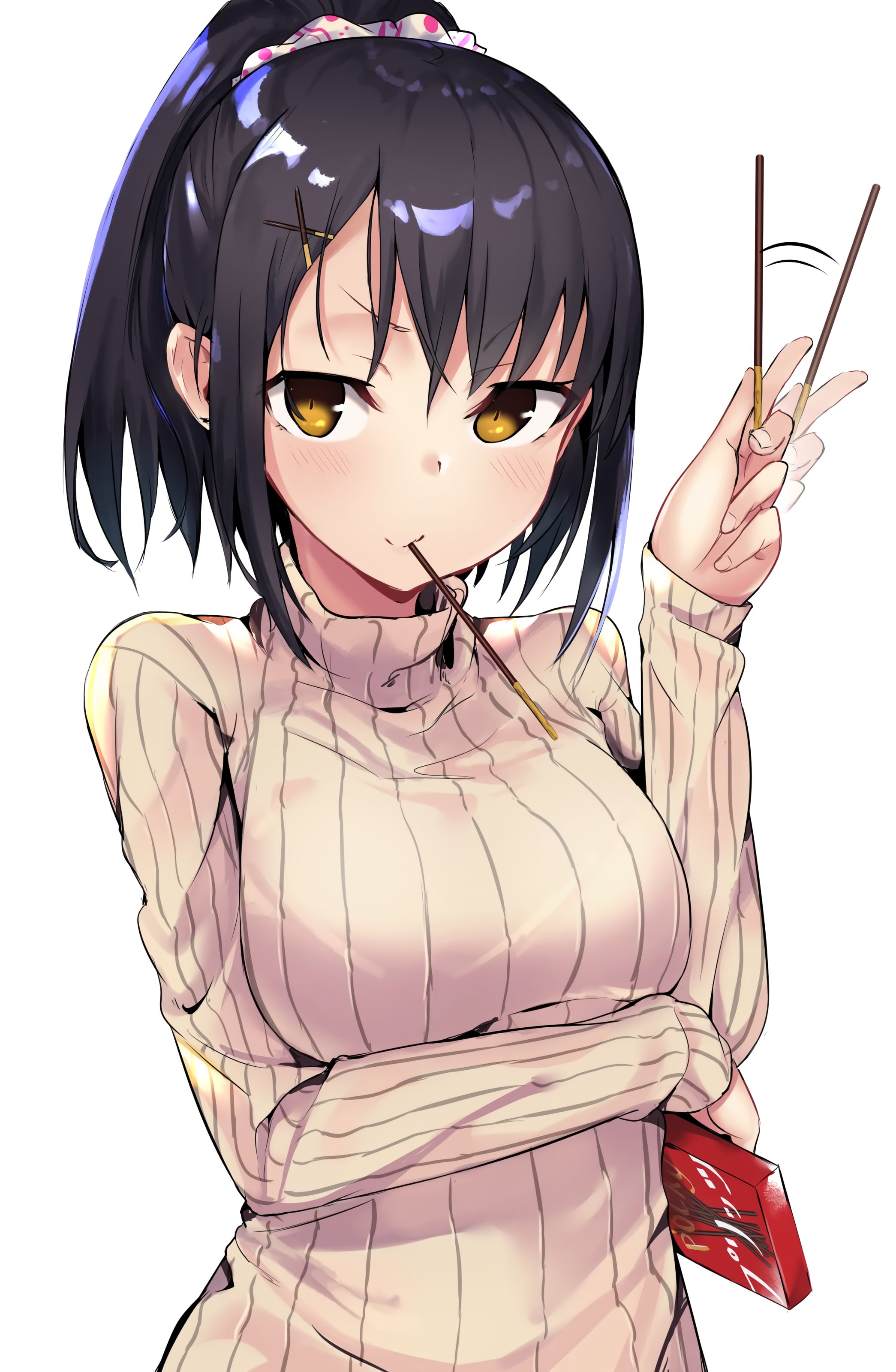 fear, indoors, Pocky, anime girls, anime, women, sweater, beautiful woman, art and craft, looking at camera, studio shot, yellow eyes, child, young adult, Phone HD Wallpaper