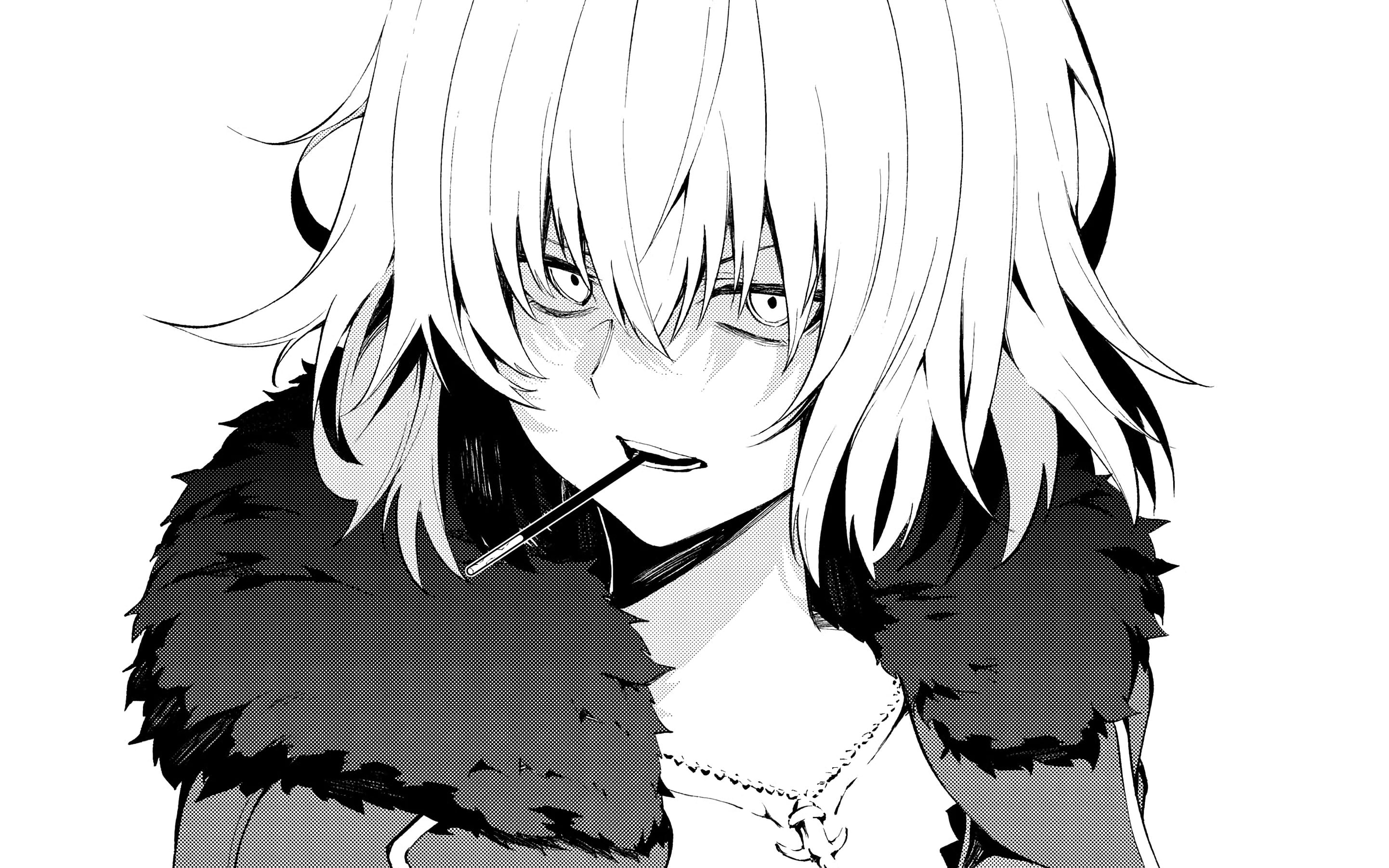 necklace, 2K, Fate Series, Fate/Grand Order, Jeanne (Alter) (Fate/Grand Order), Avenger (Fate/Grand Order), Pocky, short hair, monochrome, HD Wallpaper