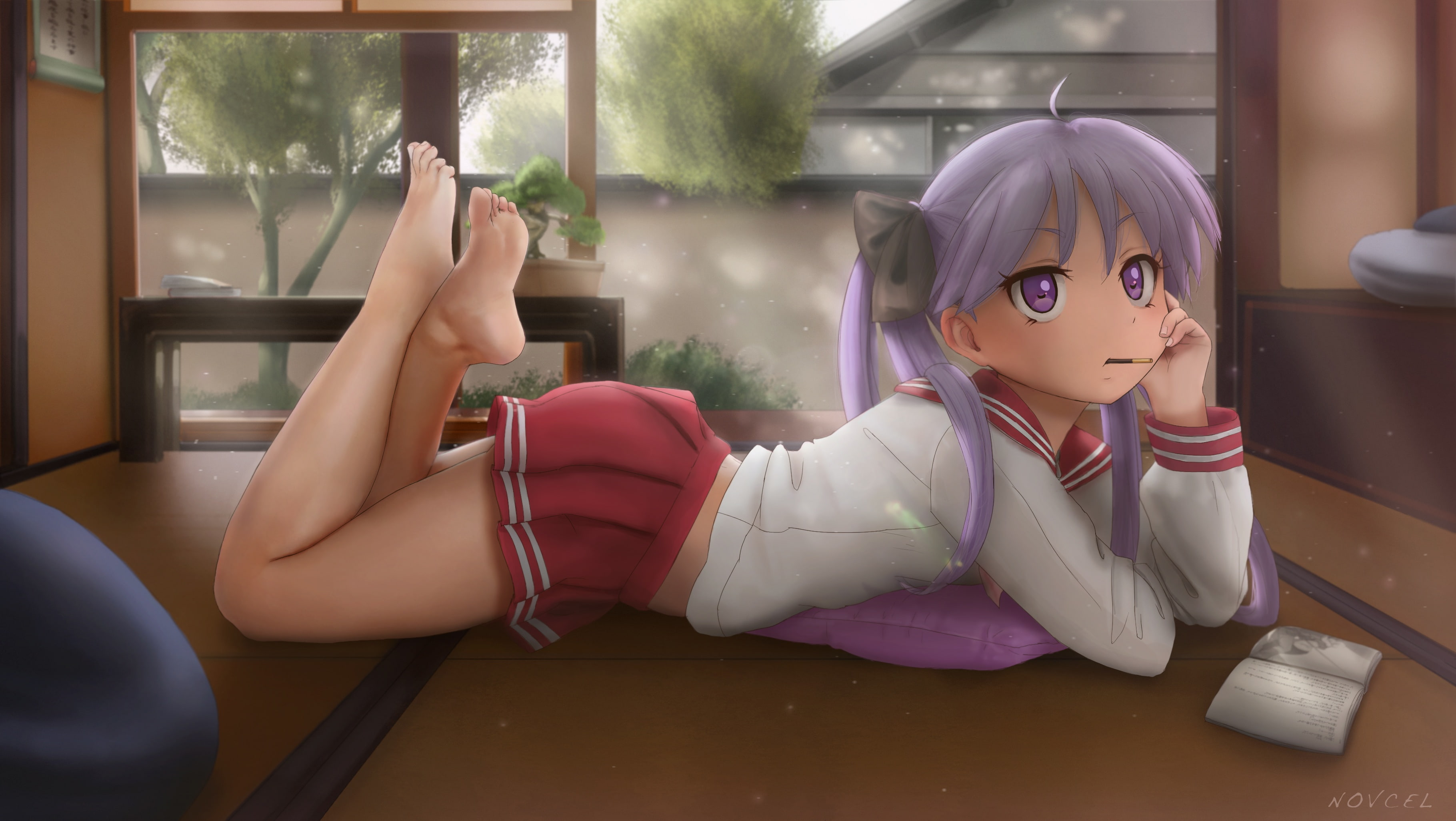 seifuku, hiiragi, novcel, long, hair, konachan, book, 2K, twintails, lucky, signed, purple, barefoot, star, food, kagami, pocky, eyes, 238736, com, HD Wallpaper