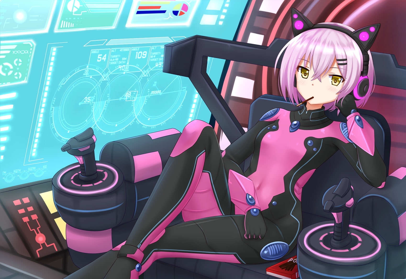 short, 720P, animal, ears, bodysuit, headphones, mechagirl, kazenokaze, 235252, original, yellow, konachan, blush, hair, pink, food, eyes, com, pocky, HD Wallpaper