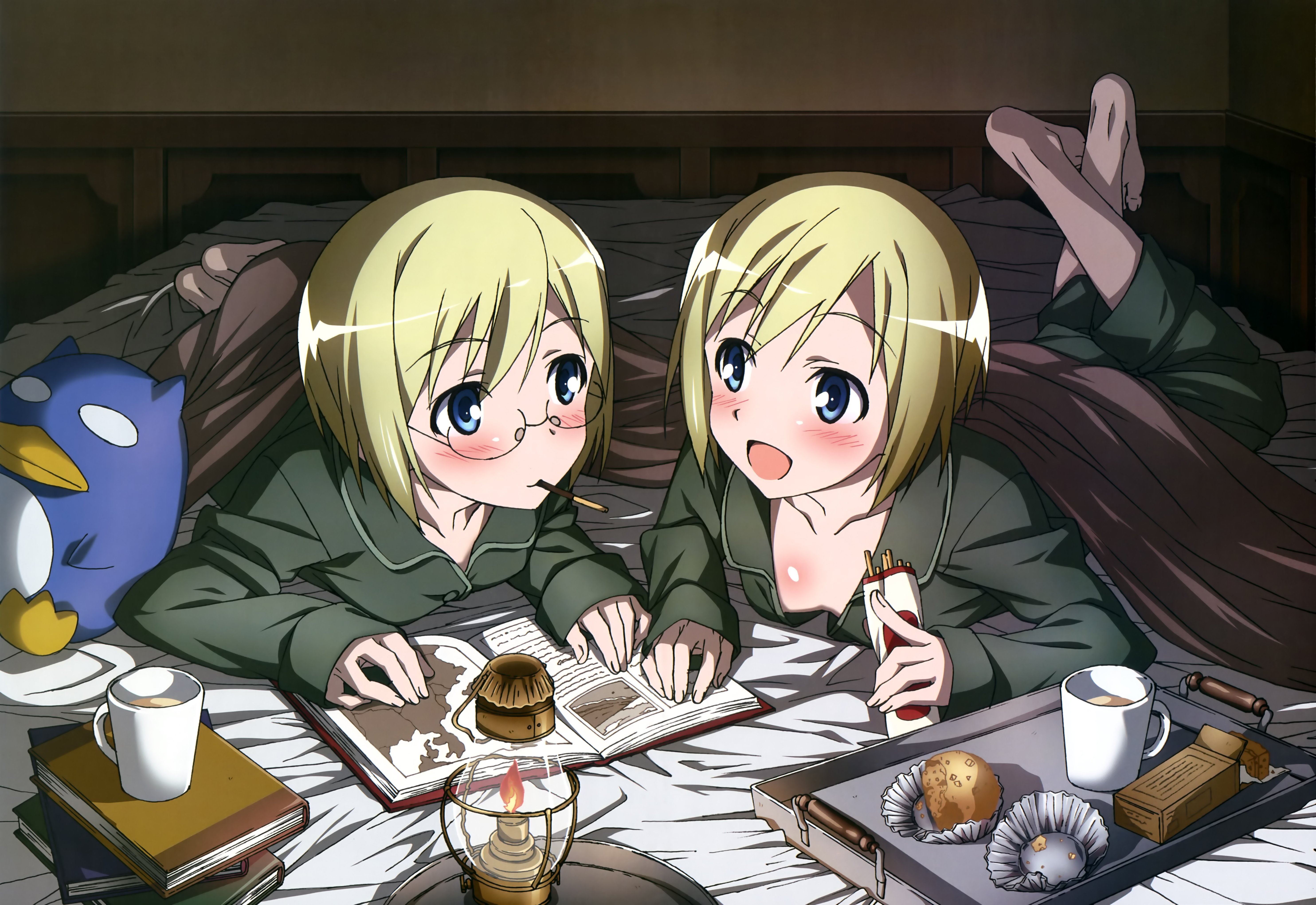 strike, pocky, food, girls, short, witches, ursula, hair, blush, erica, pajamas, scan, hartmann, glasses, blonde, nyantype, 5K, HD Wallpaper