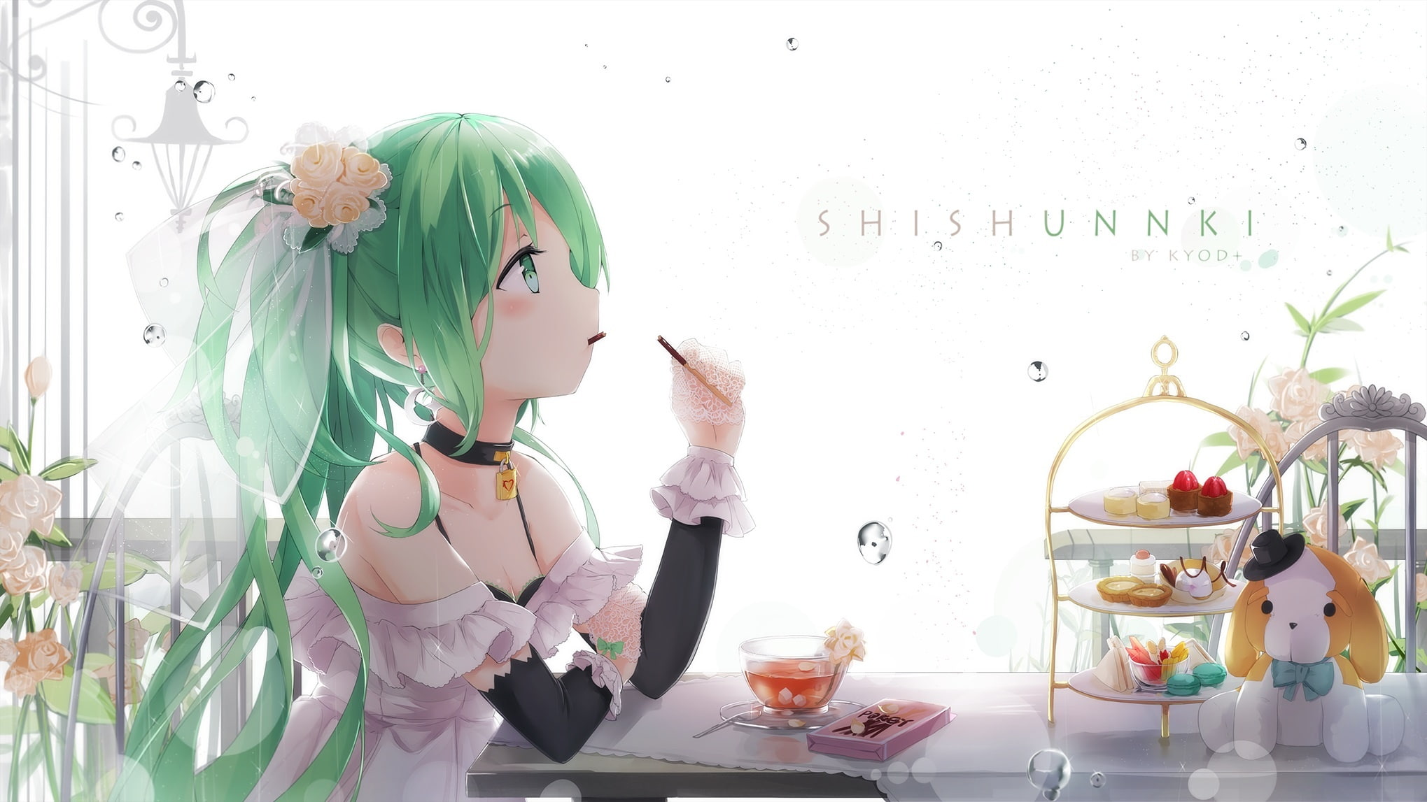 headdress, hatsune, green, necklace, hair, flowers, com, choker, pocky, vocaloid, konachan, drink, watermark, long, 1080P, water, gloves, ponytail, miku, HD Wallpaper