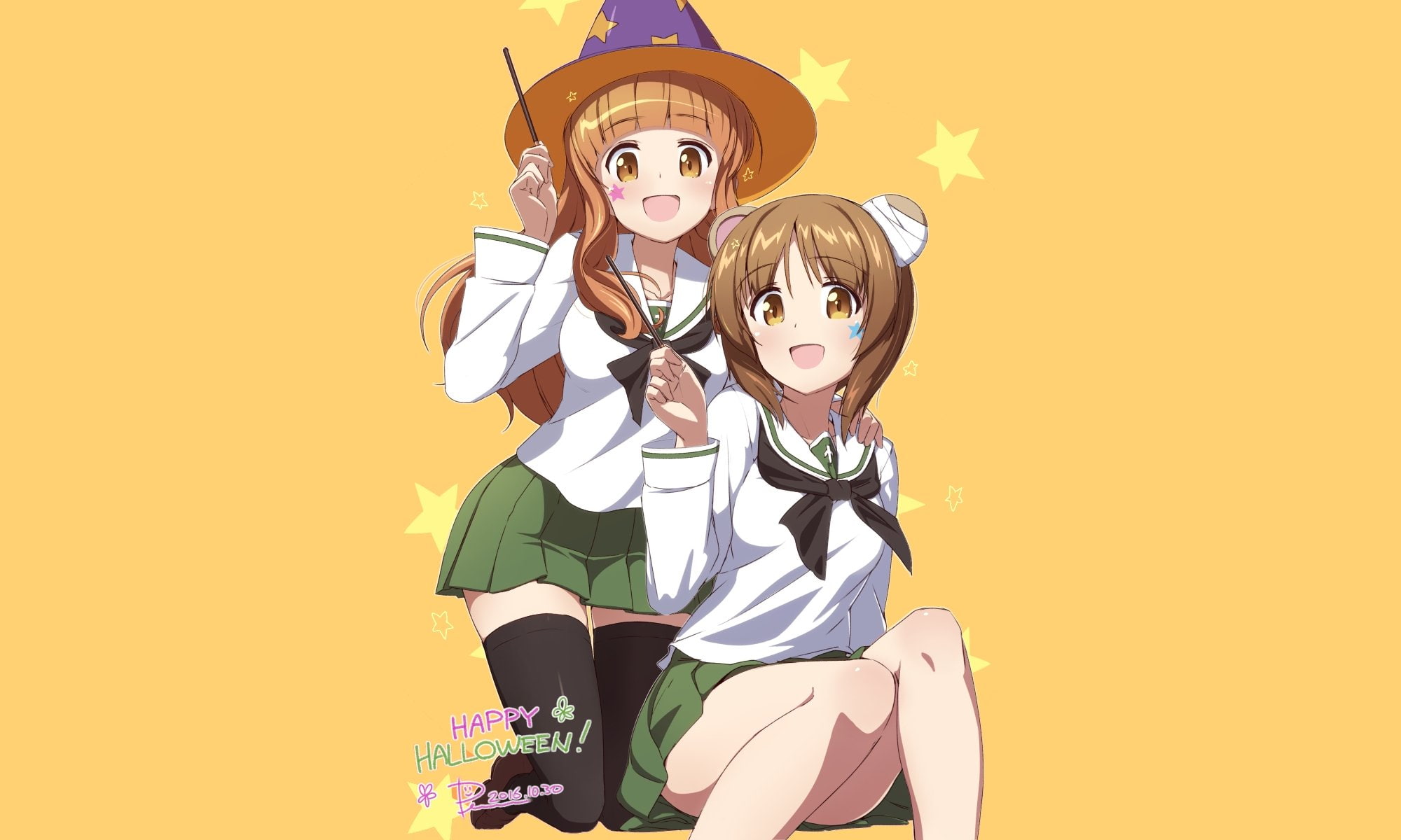 bandage, witch, skirt, hair, aliasing, brown, long, 1080P, hat, eyes, food, orange, pocky, cosplay, seifuku, thighhighs, halloween, short, girls, HD Wallpaper