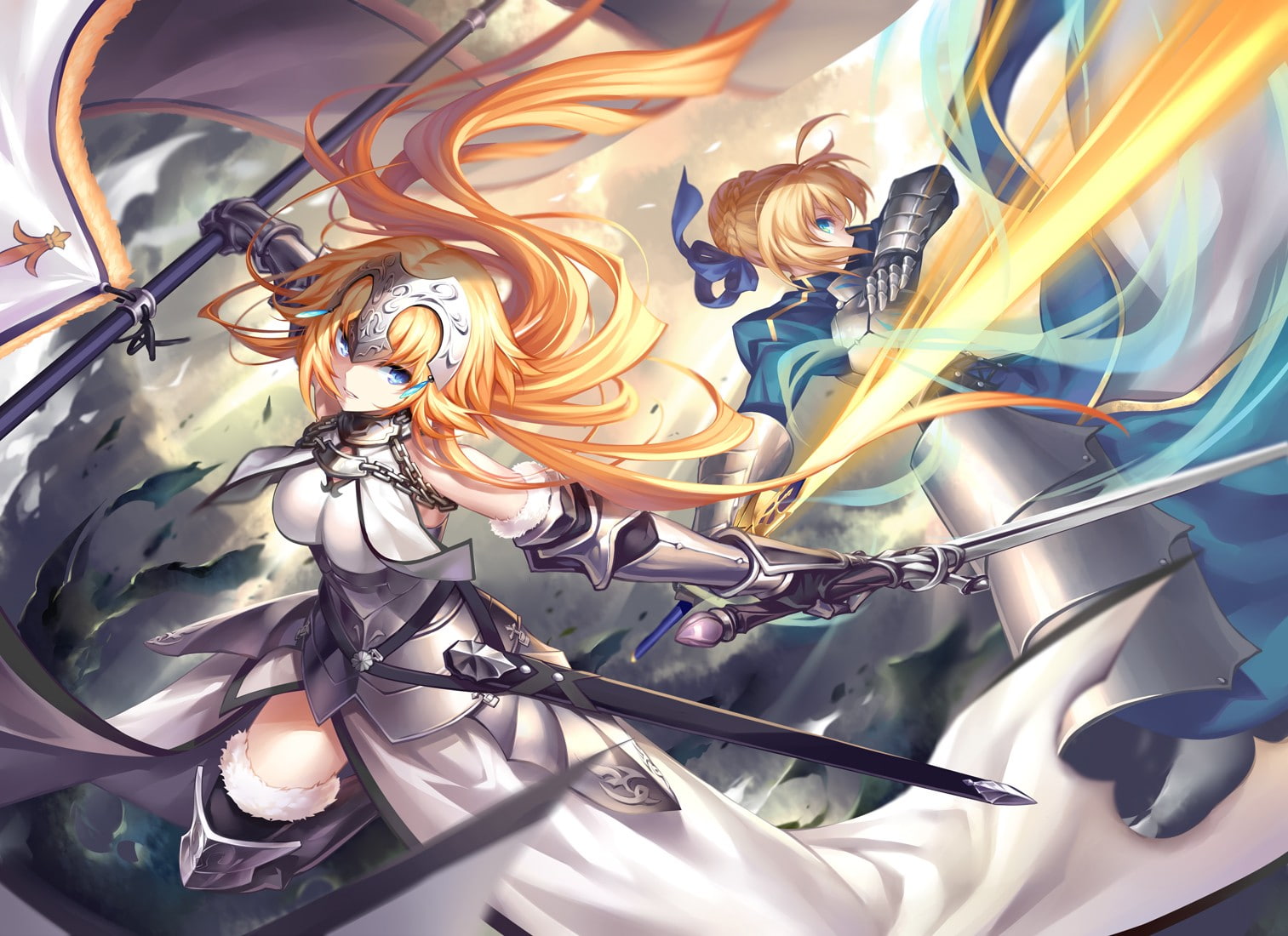 720P, anime, fighting, Fate Series, Joan of Arc, FateApocrypha, Saber, anime girls, sword, Ruler (FateGrand Order), HD Wallpaper