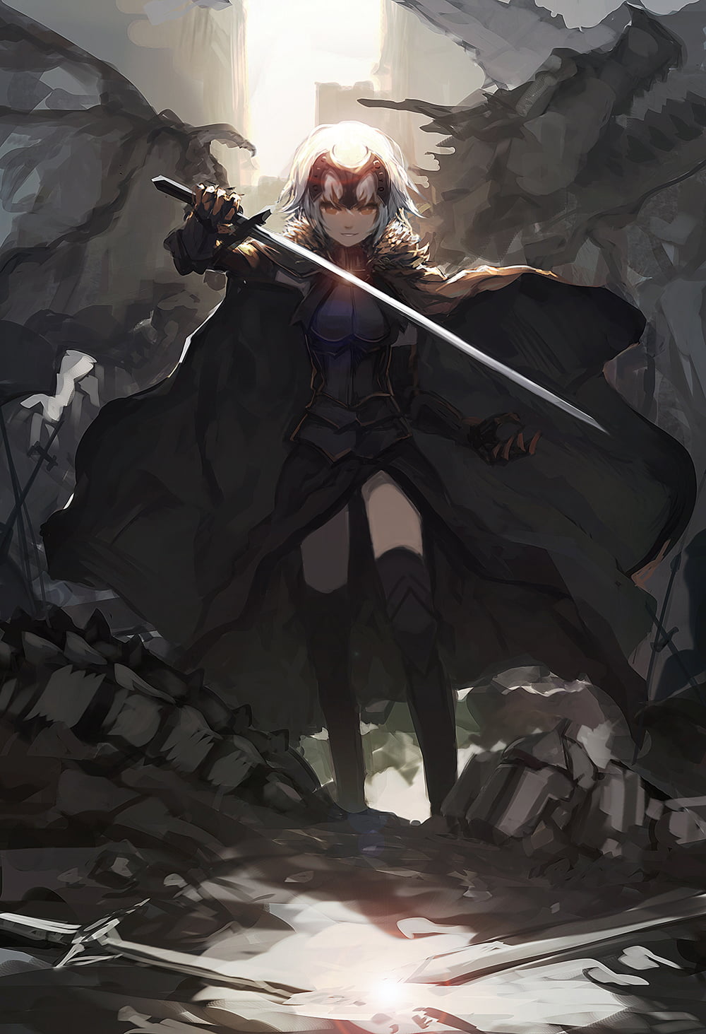 anime, Joan of Arc, digital art, dragon, vertical, Fate/Grand Order, sword, anime girls, gloves, portrait display, short hair, FGO, white hair, girls with swords, Phone HD Wallpaper