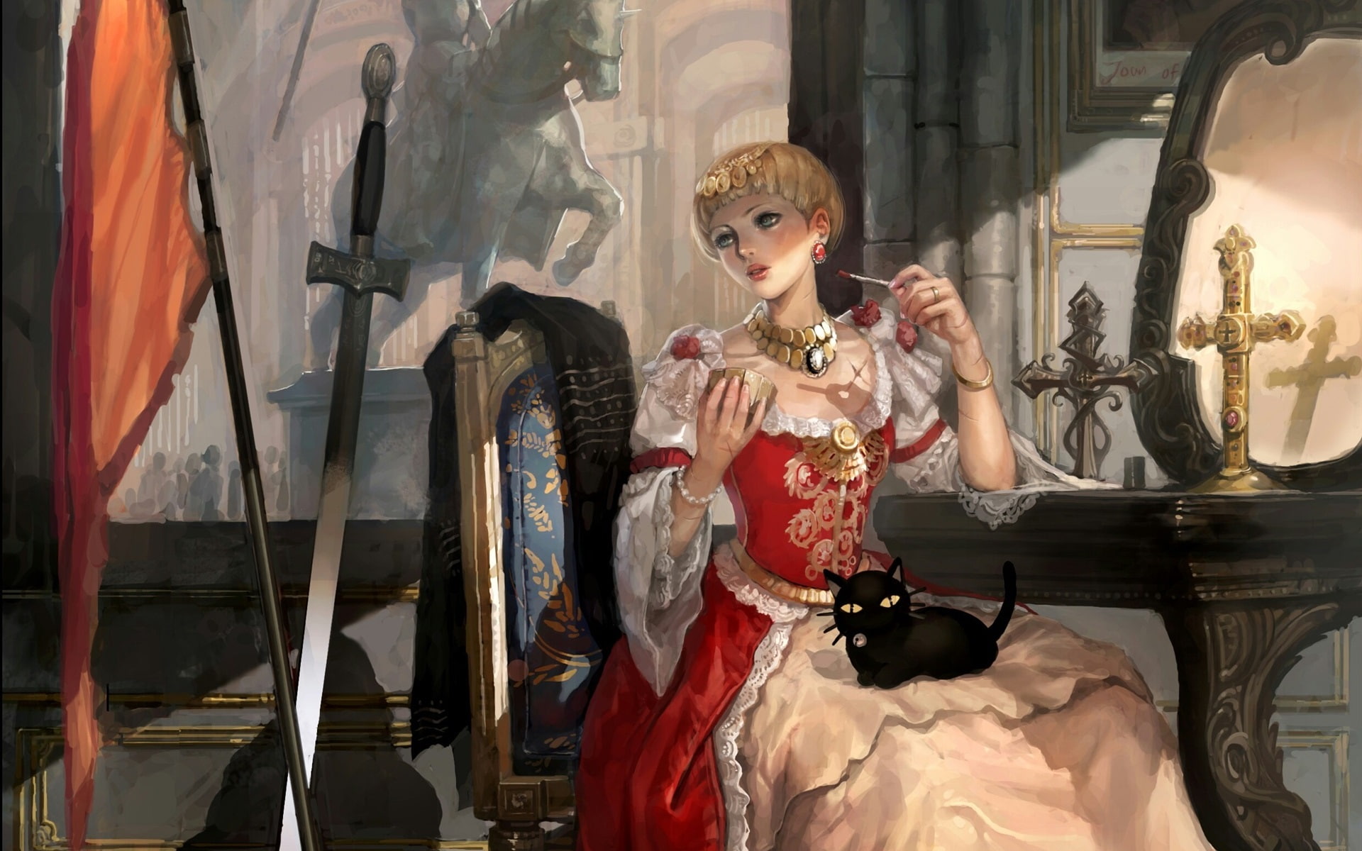 1080P, joan, Cat, Girl, Fantasy, arc, Sword, crosses, HD Wallpaper
