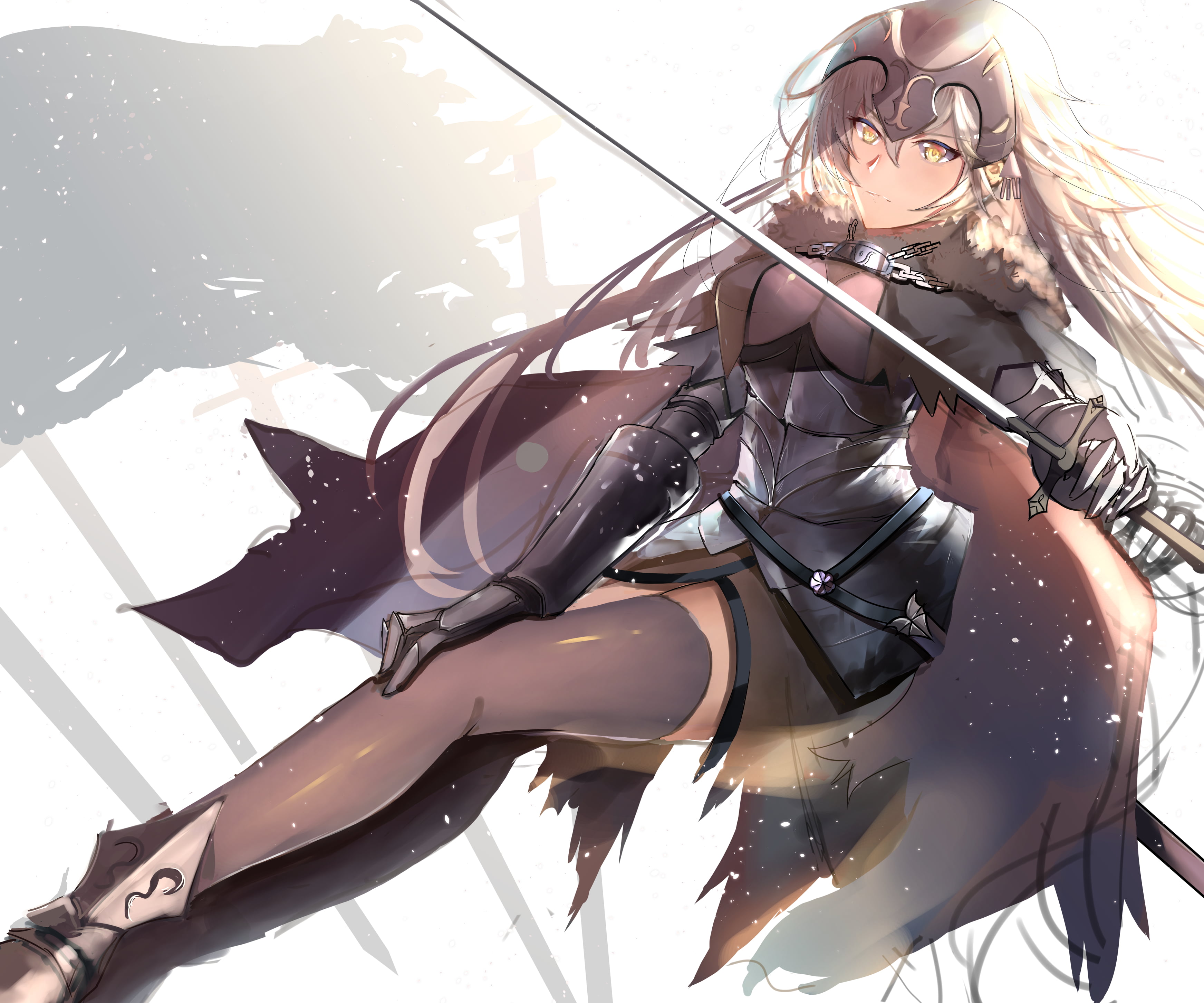 green eyes, artwork, FGO, girls with swords, long hair, digital art, anime, 2K, sword, gloves, Fate/Grand Order, white hair, anime girls, portrait, Joan, HD Wallpaper