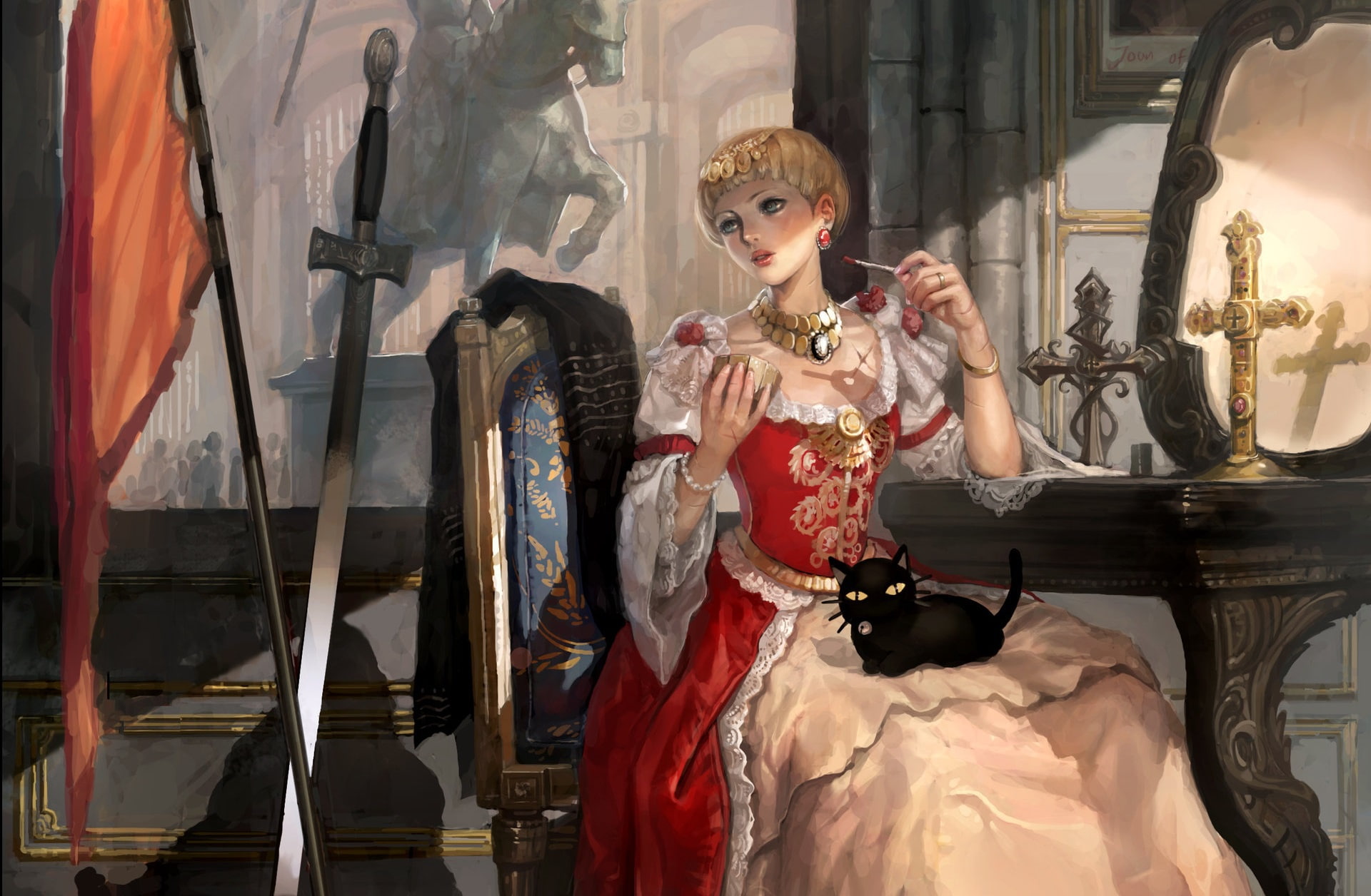 cat, girl, sword, fragment, art, lady, mirror, castle, The Dress Of Joan Of Arc, cross, in shoo, 1080P, weapons, HD Wallpaper