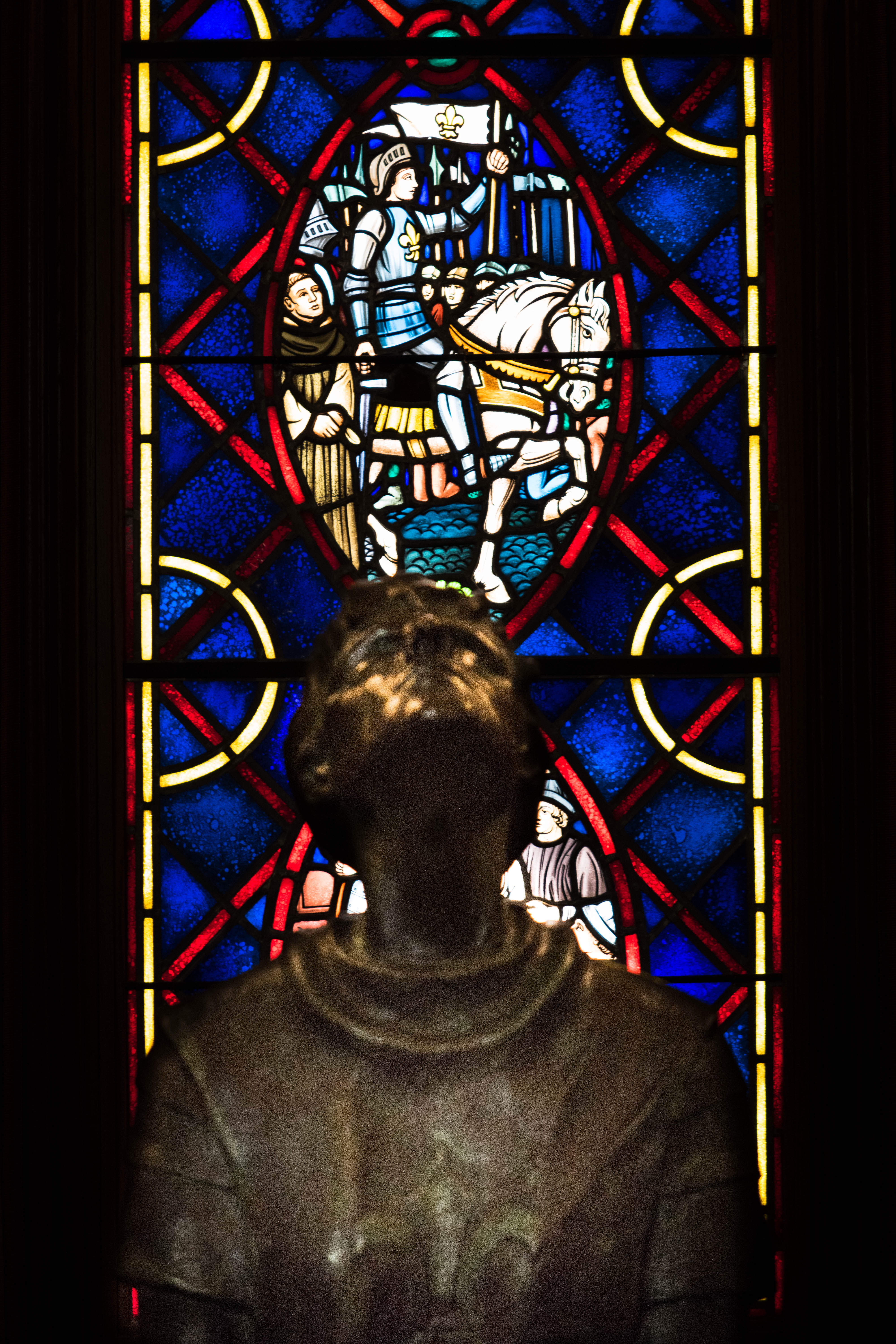 human representation, window, indoors, religion, rear view, 5K, place of worship, building, stained glass, hero, catholic, architecture, horse, one person, Phone HD Wallpaper