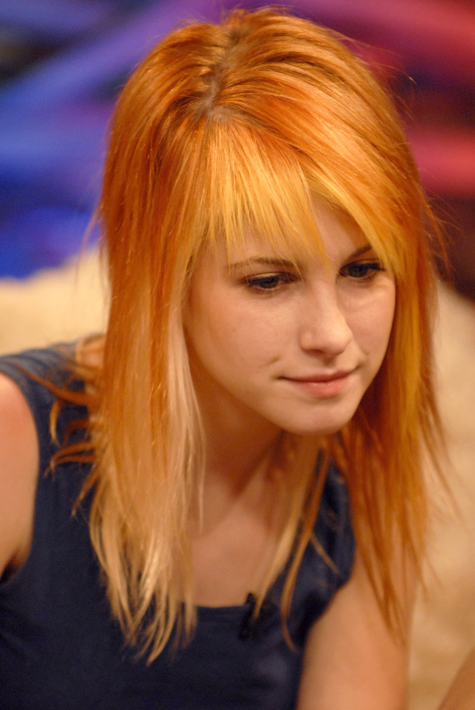 beautiful woman, human hair, singer, Paramore, headshot, looking at camera, long hair, hairstyle, redhead, young adult, close-up, bangs, 2K, hair, dyed red hair, Phone HD Wallpaper