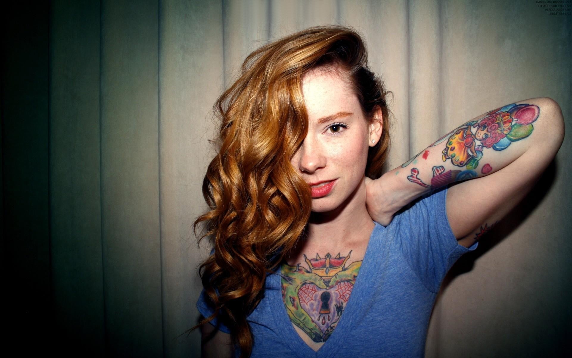 front view, lifestyles, young women, tattoo, casual clothing, Hattie Watson, one person, 1080P, pattern, headshot, adult, looking at camera, long hair, HD Wallpaper