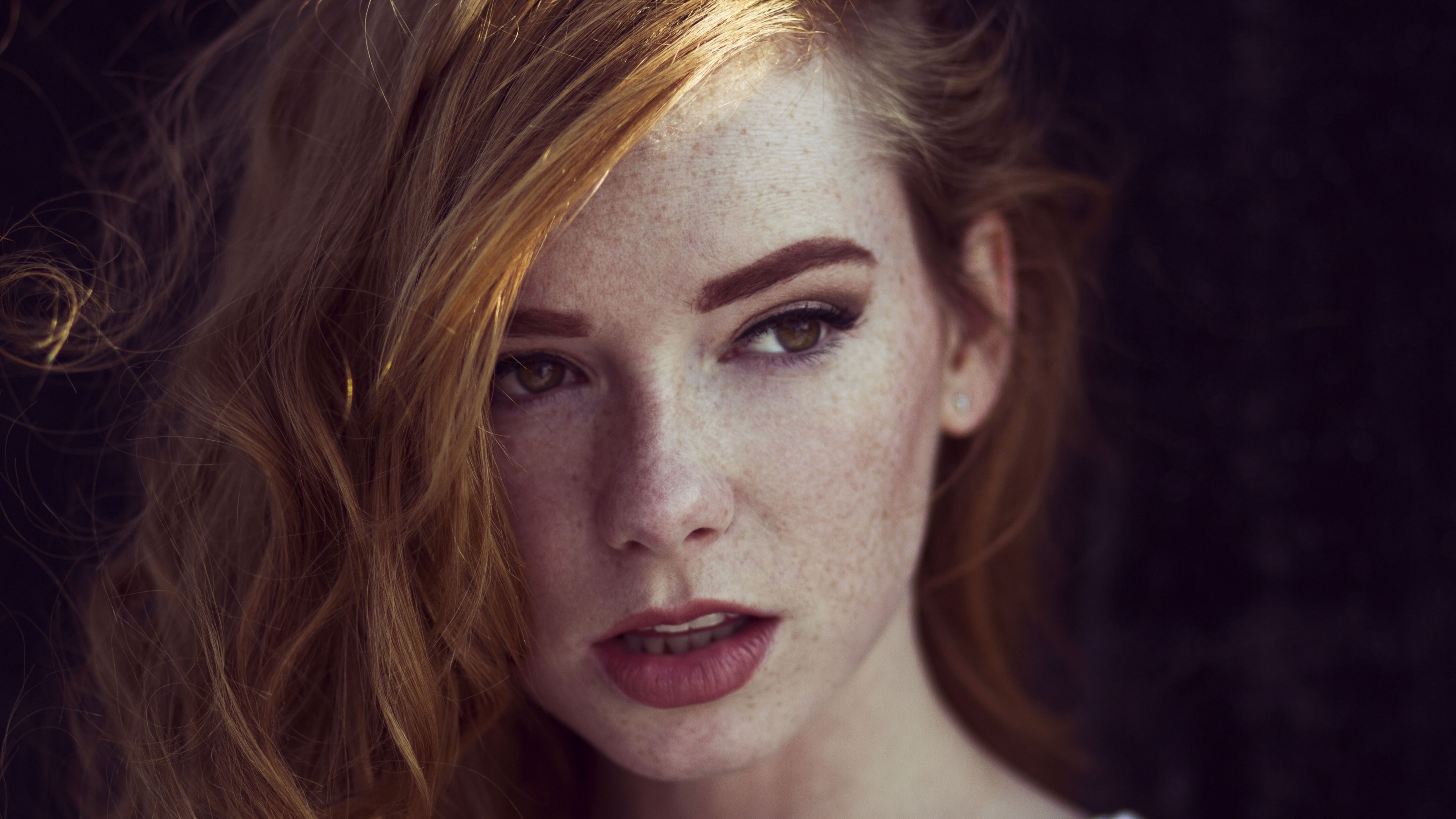 redhead, lipstick, 4K, freckles, women, Hattie Watson, HD Wallpaper