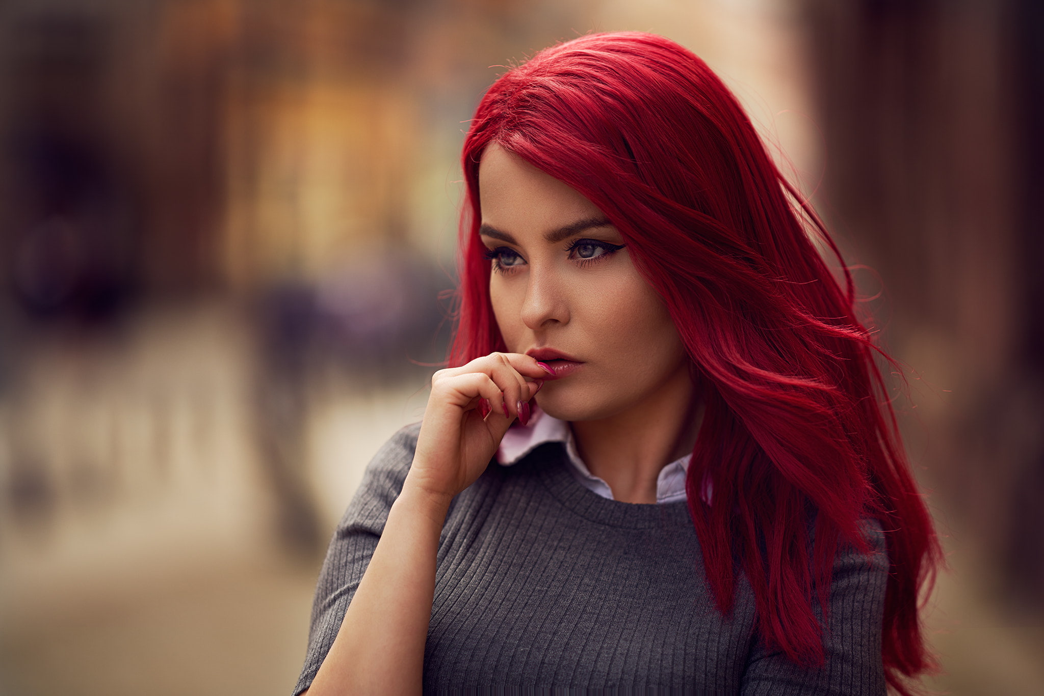 focus on foreground, one person, looking, depth of field, 1080P, adult, dyed hair, contemplation, portrait, women, looking away, beautiful people, dyed red hair, HD Wallpaper