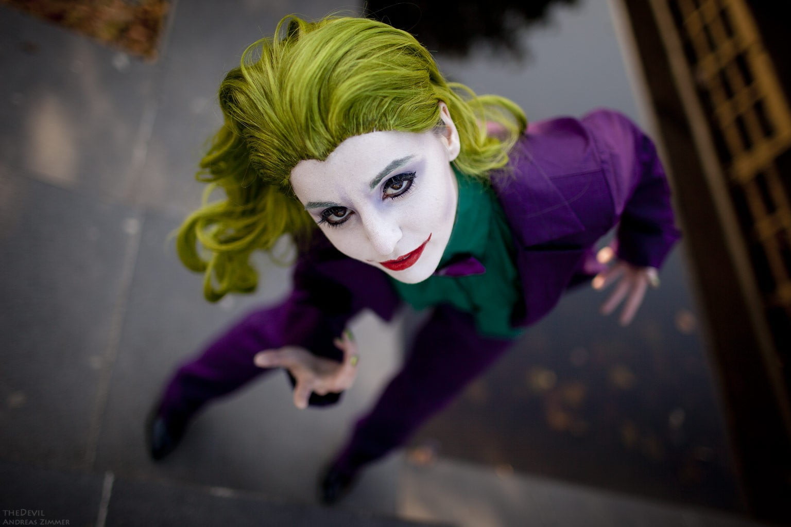 clothing, casual clothing, depth of field, beautiful woman, blond hair, costume, s, adult, Batman, cosplay, hairstyle, full length, Joker, movies, purple, HD Wallpaper
