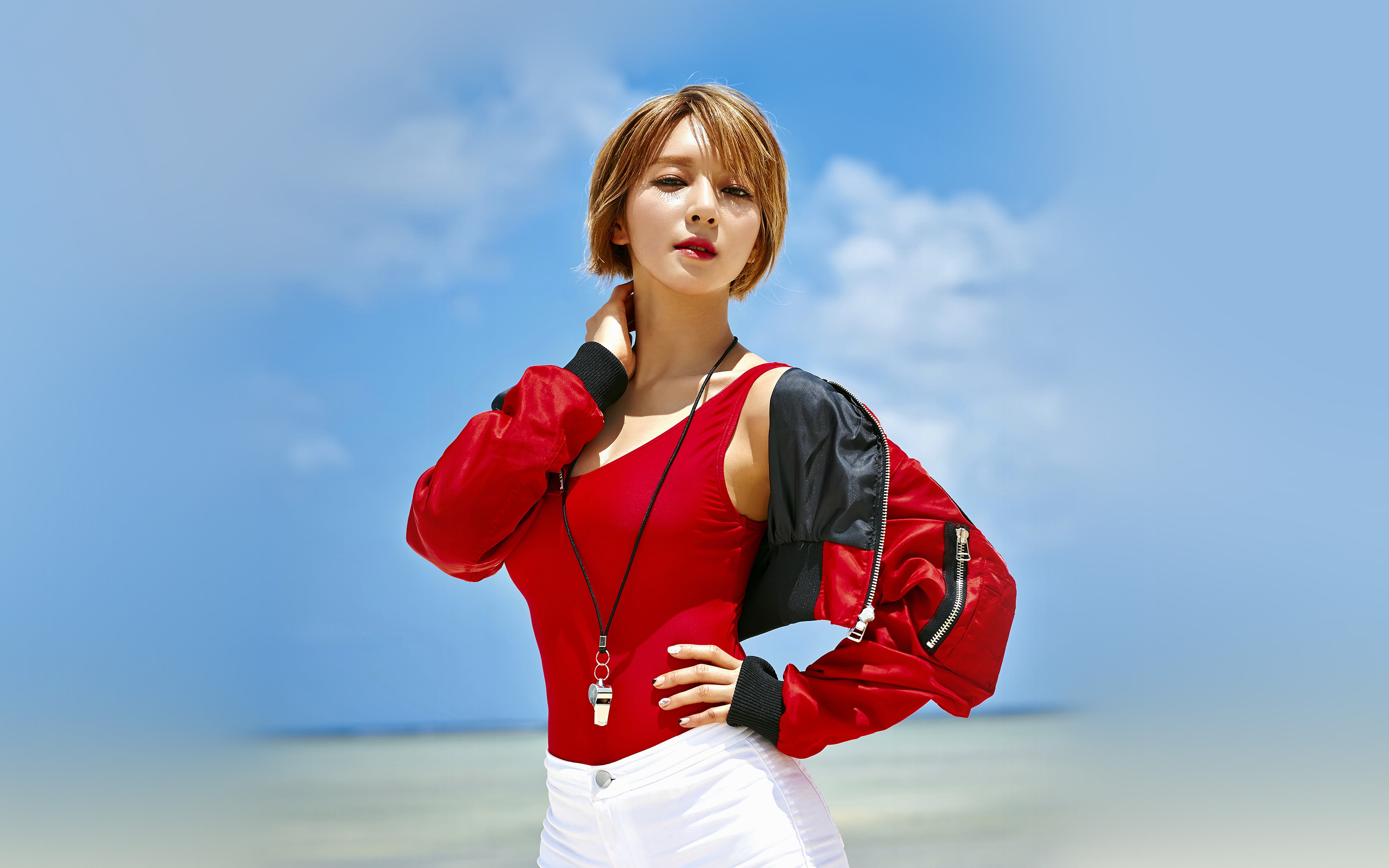 sunlight, girl, choa, aoa, adult, real people, sky, beautiful woman, clothing, outdoors, 4K, cloud - sky, kpop, lifestyles, ocean, one person, young adult, HD Wallpaper