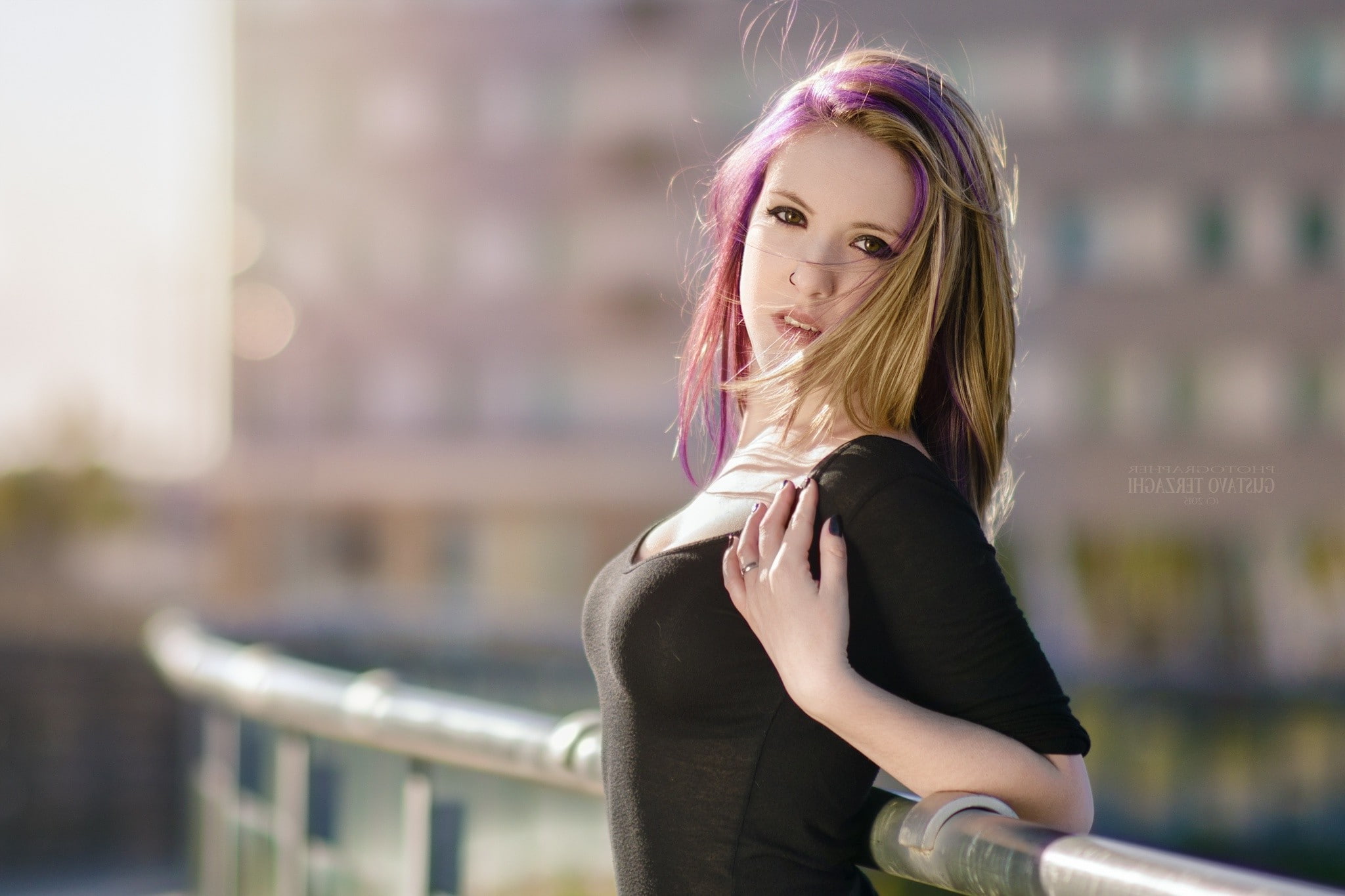 outdoors, one person, T shirt, teenager, real people, standing, hair, Piercing, young women, looking at camera, focus on foreground, young adult, Depth Of Field, HD Wallpaper
