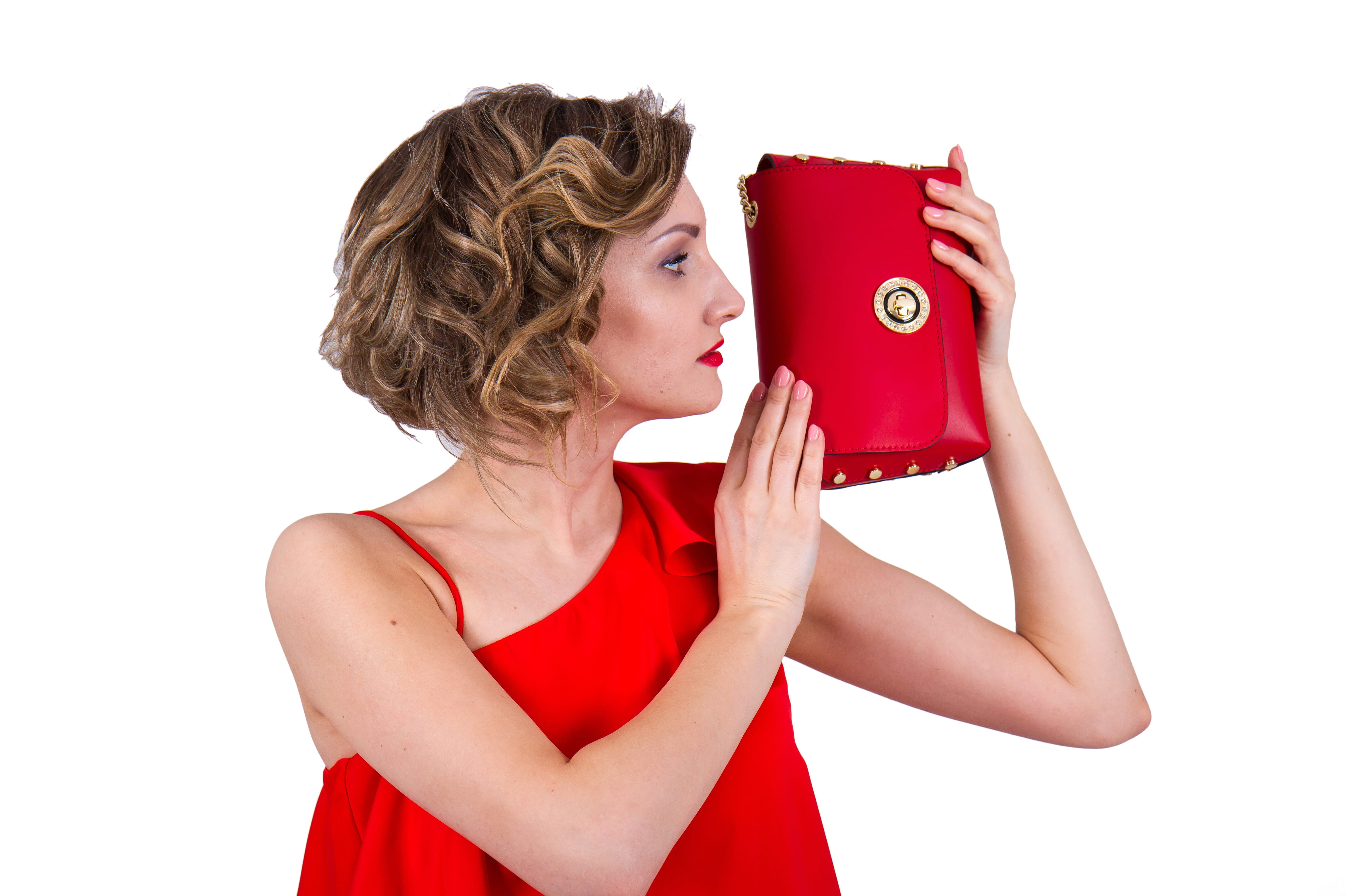 blond hair, medium-length hair, front view, Woman, handbags, young women, waist up, style, fashion, indoors, adult, cut out, beauty, women, Handbag, beautiful woman, HD Wallpaper