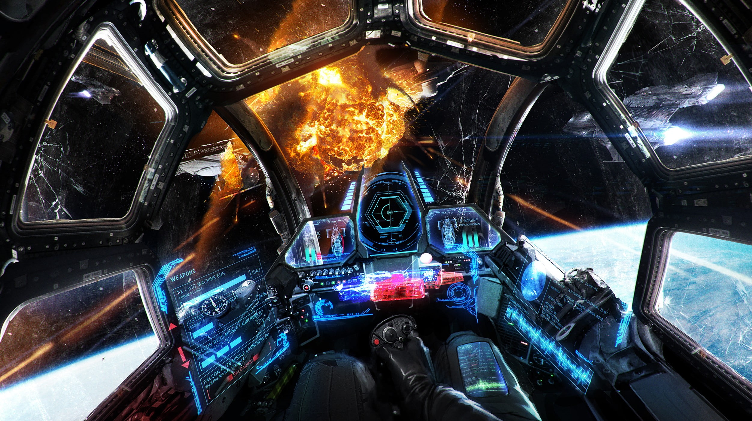 dragon, science fiction, 1080P, cockpit, war, spaceship, digital art, HUD, explosion, artwork, space, HD Wallpaper