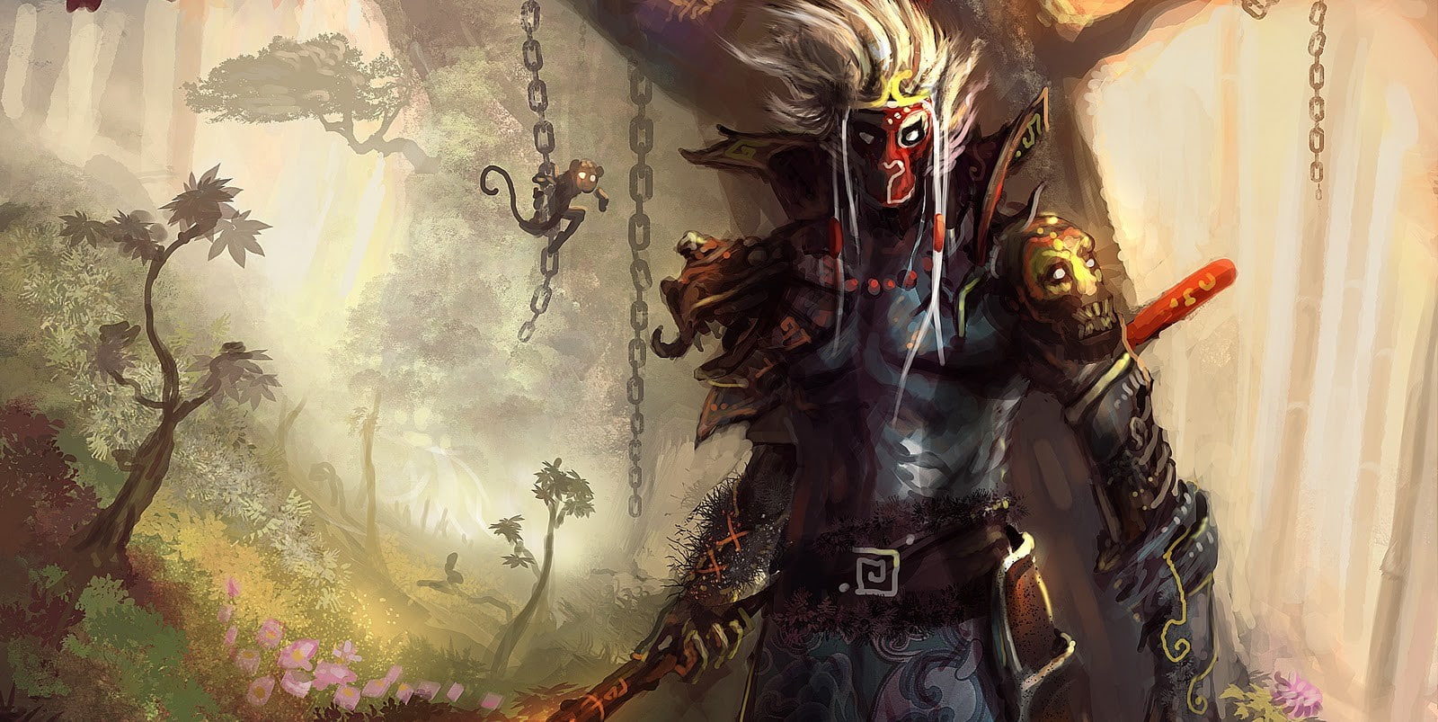monkey, mask, 720P, warrior, chains, artwork, armor, jungle, sword, HD Wallpaper