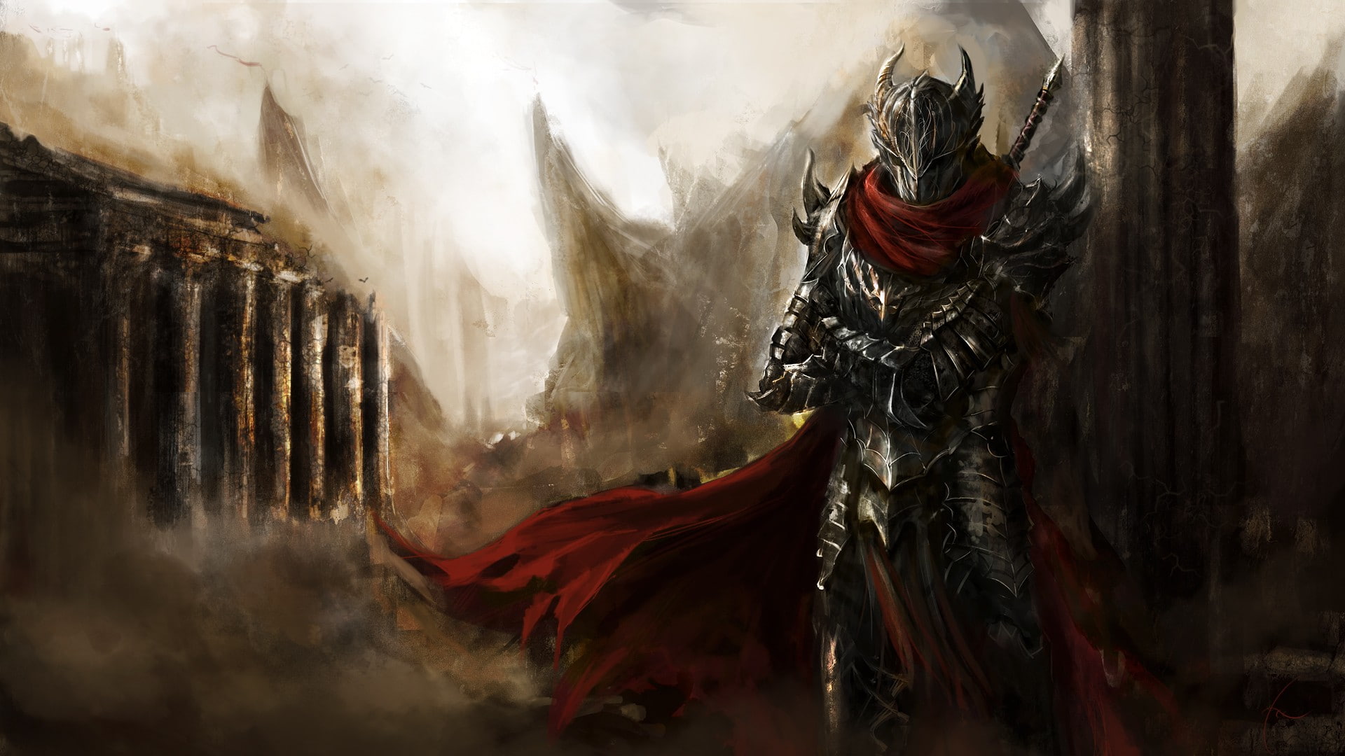 fantasy art, 1080P, warrior, armor, digital art, cloaks, sword, HD Wallpaper