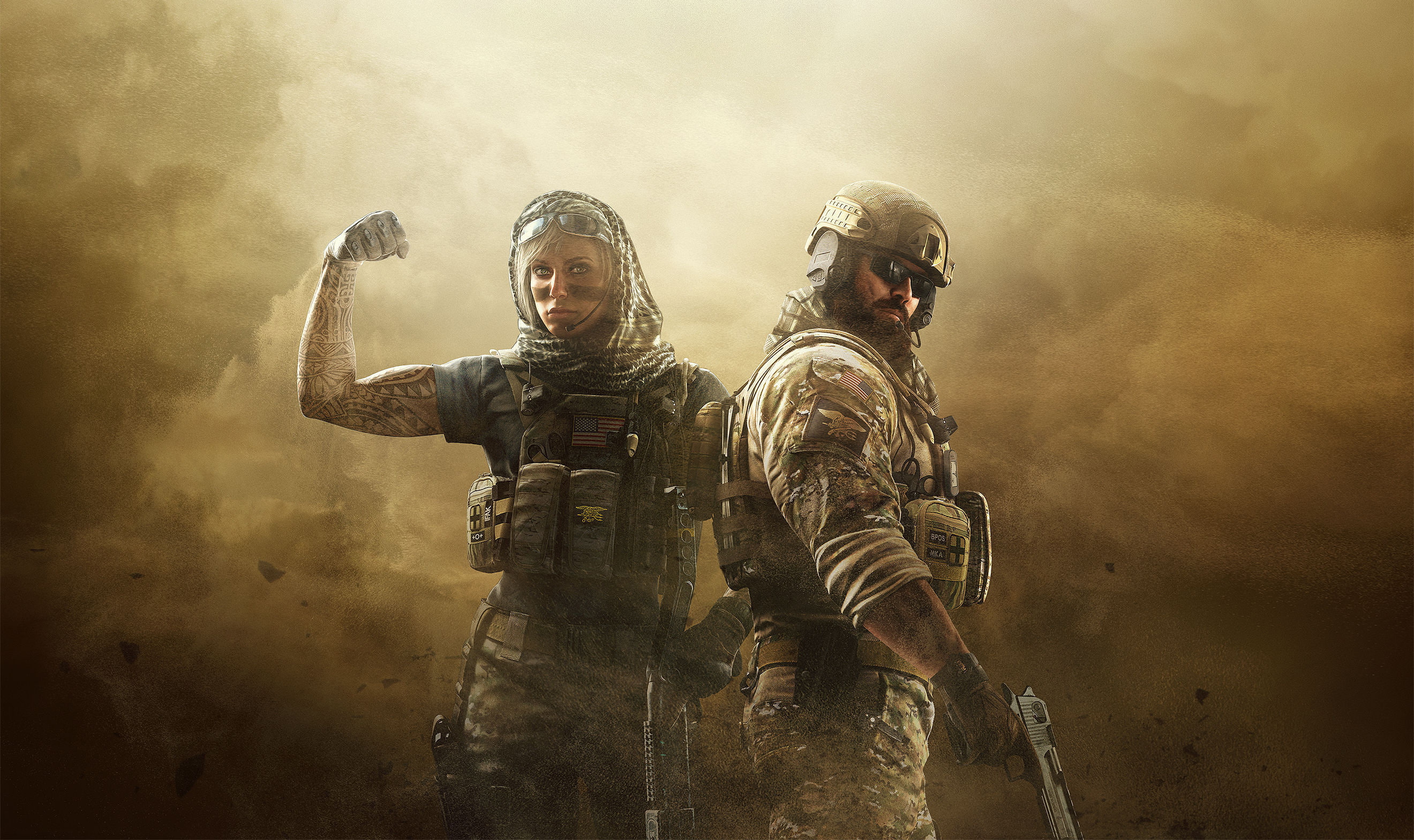 weapons, glasses, sand, equipment, girl, Rainbow Six Siege, storm, armor, 2K, Ubisoft, male, beard, USA, military, helmet, gun, Tom Clancys, fighters, HD Wallpaper