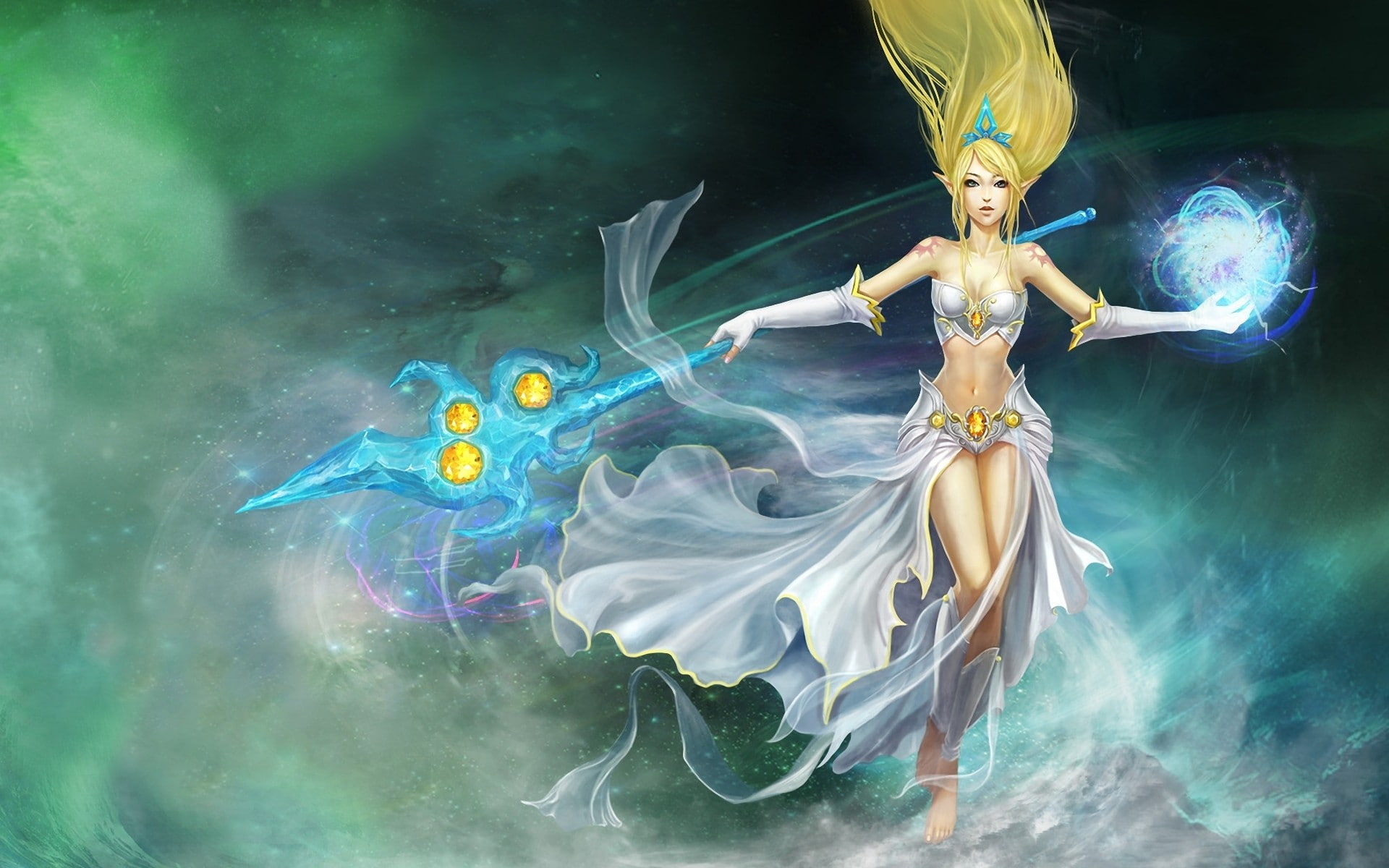 ears, janna, women, 1080P, long, art, staff, artwork, video, league, blondes, magic, fantasy, legends, games, HD Wallpaper