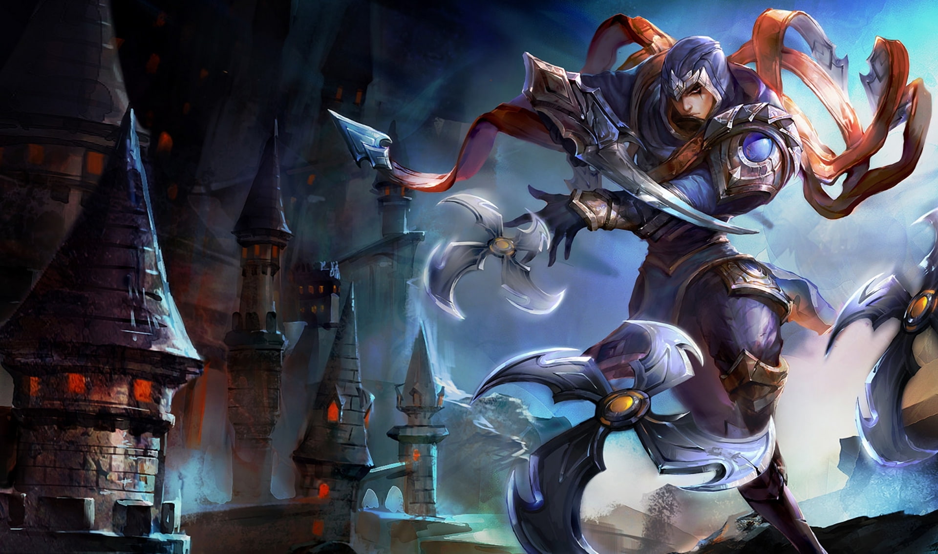 assassin, tower, 1080P, swords, lol, legends, fantasy, talon, armor, belt, castle, league, HD Wallpaper
