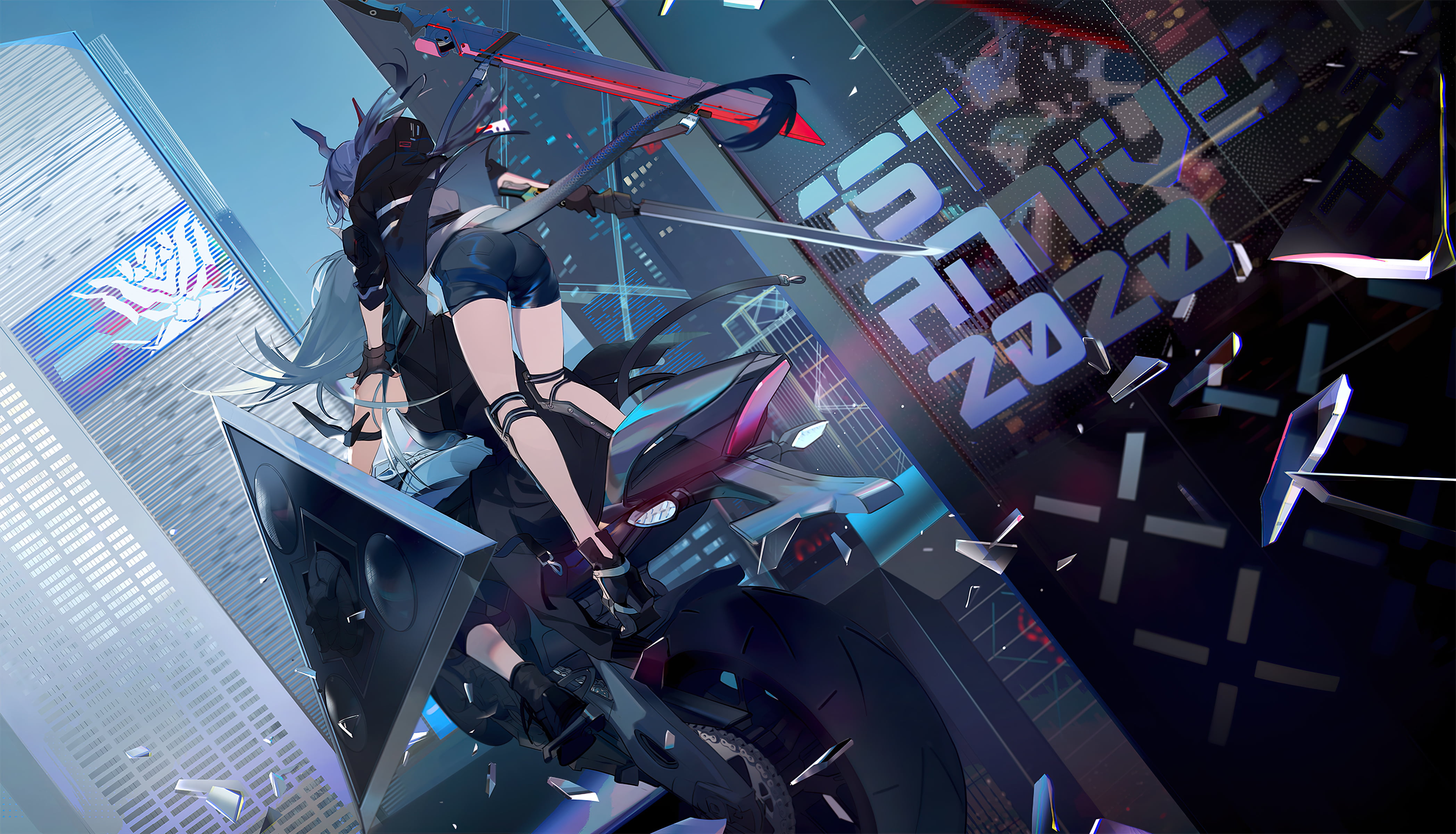 4K, fan art, motorcycle, tail, ponytail, video game girls, anime, digital art, horns, anime girls, long hair, blue hair, Arknights, Chen (Arknights), video game characters, HD Wallpaper