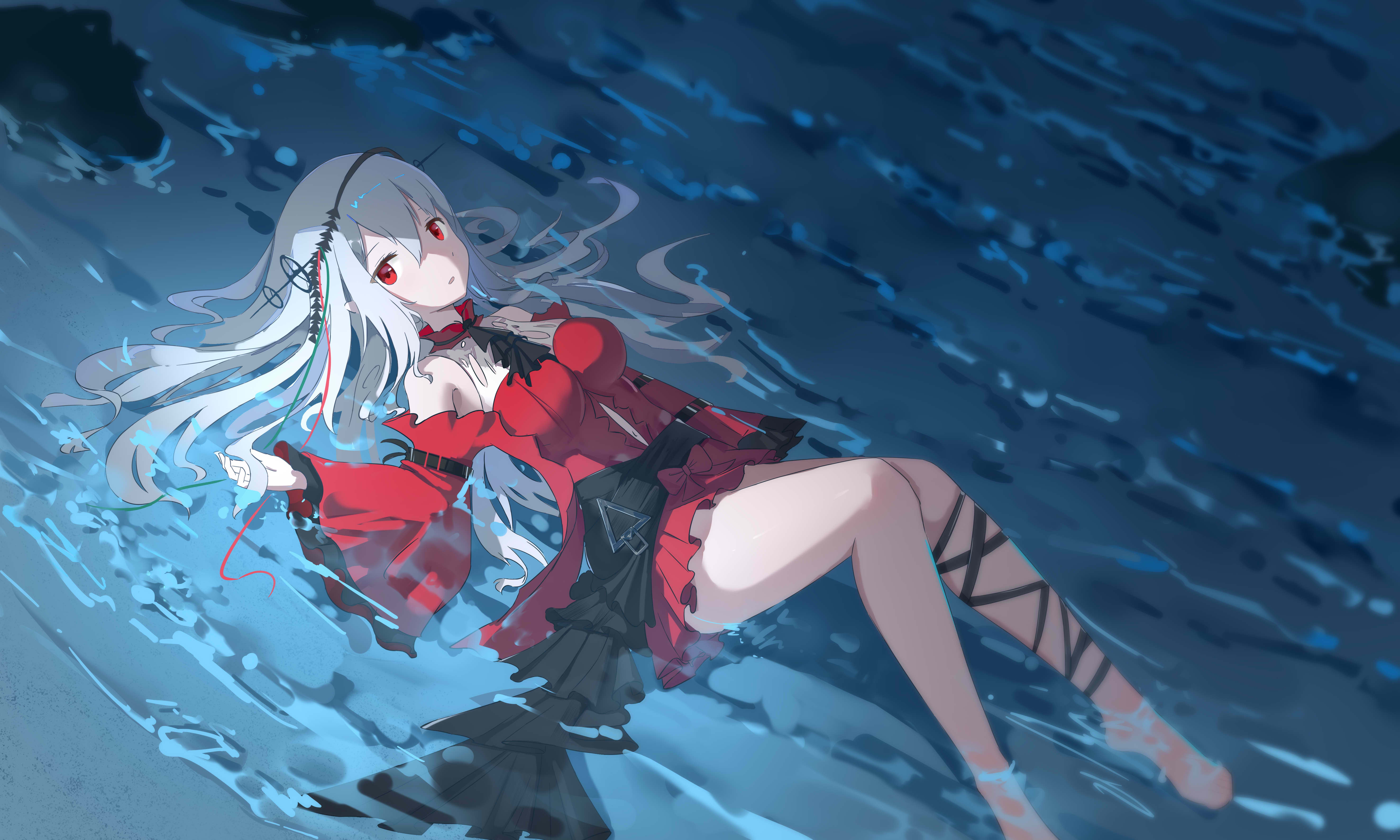 5K, in water, red eyes, Arknights, Skadi(Arknights), long hair, gray hair, HD Wallpaper