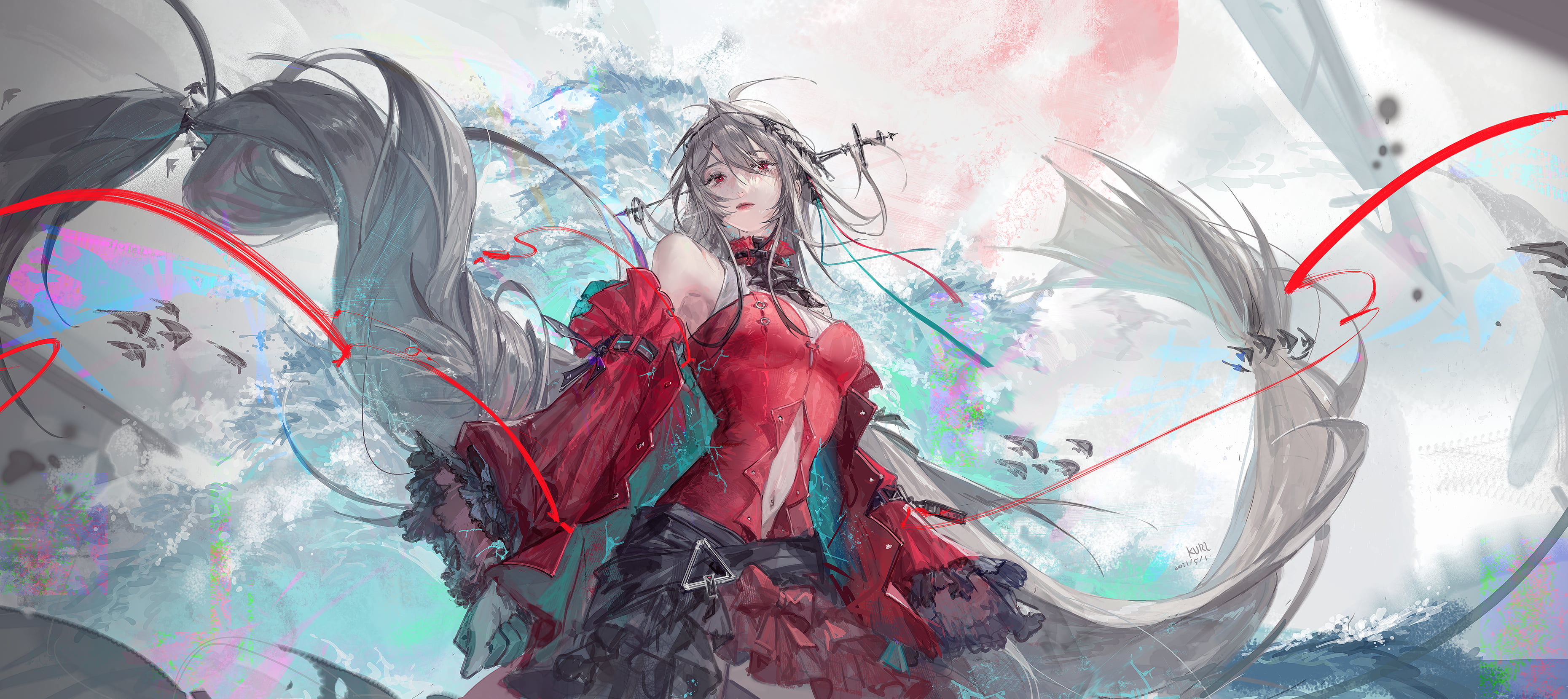 ribbons, looking at viewer, blonde, 2K, long hair, Arknights, red dress, anime, clouds, red eyes, Skadi(Arknights), anime girls, HD Wallpaper