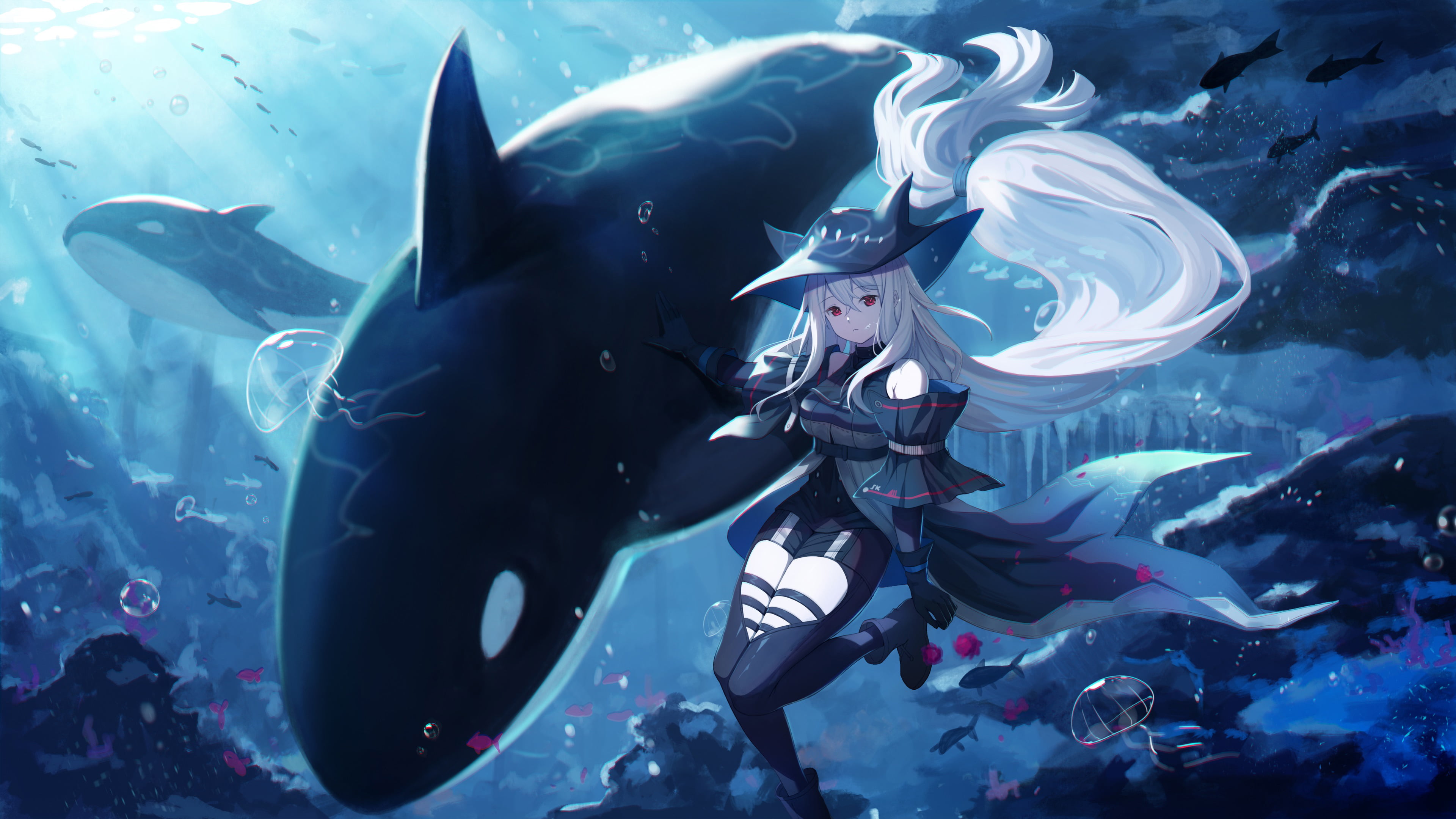 4K, Skadi(Arknights), underwater, orca, Baseness, anime, Arknights, anime girls, HD Wallpaper