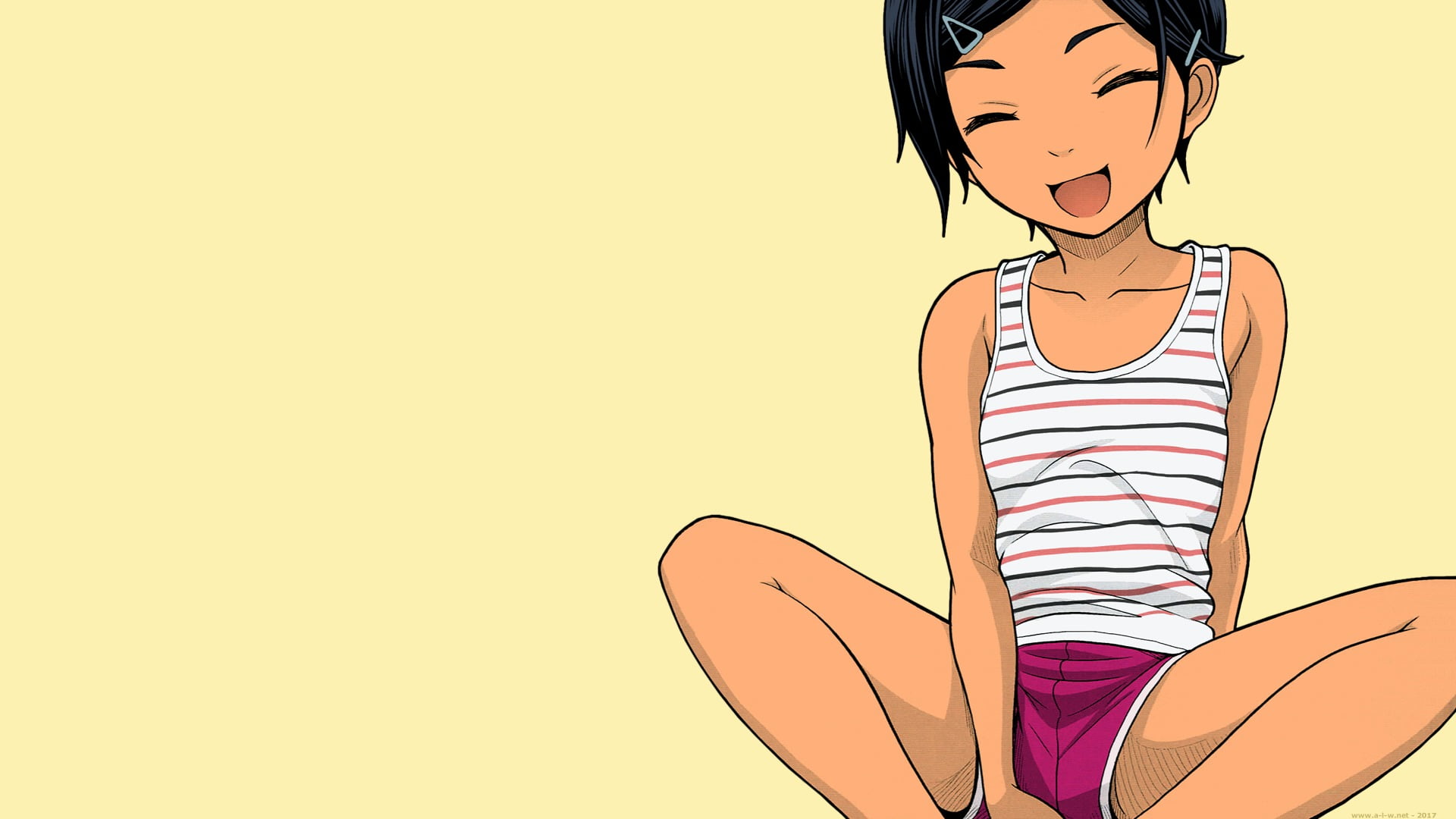 females, childhood, studio shot, 1080P, smiling, copy space, portrait, anime, offspring, short pants, beauty, hairstyle, front view, short hair, indoors, HD Wallpaper