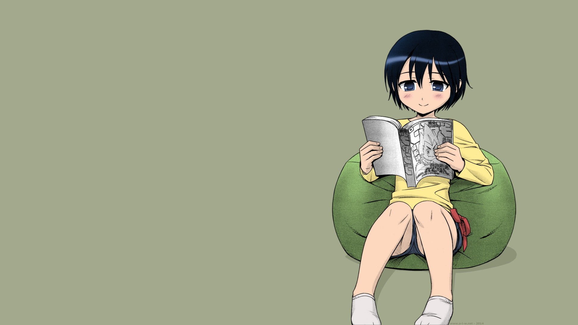 studio shot, indoors, anime girls, portrait, child, adult, cut out, short pants, childhood, manga, one person, Mizui Kaou, reading, 1080P, front view, HD Wallpaper