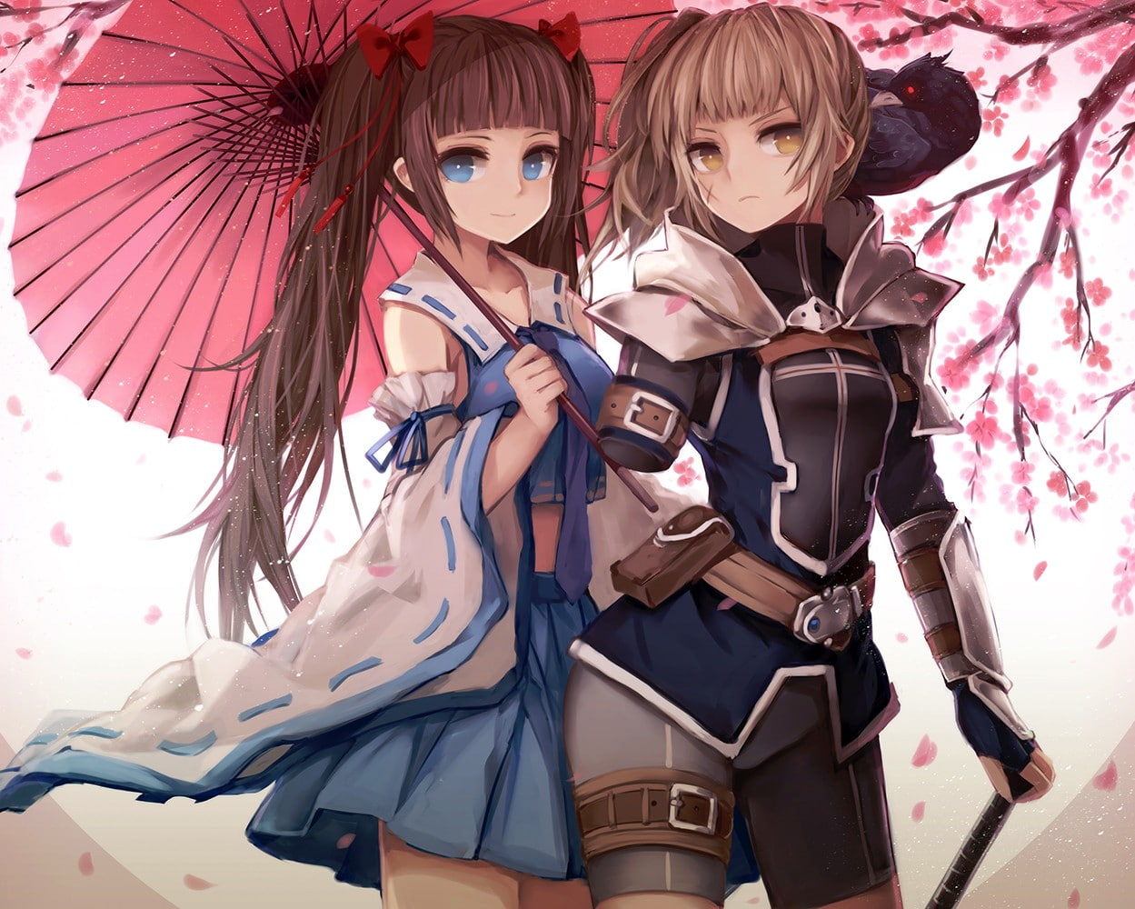 anime girls, umbrella, child, holding, security, short pants, front view, girls, people, real people, three quarter length, anime, clothing, short hair, HD Wallpaper