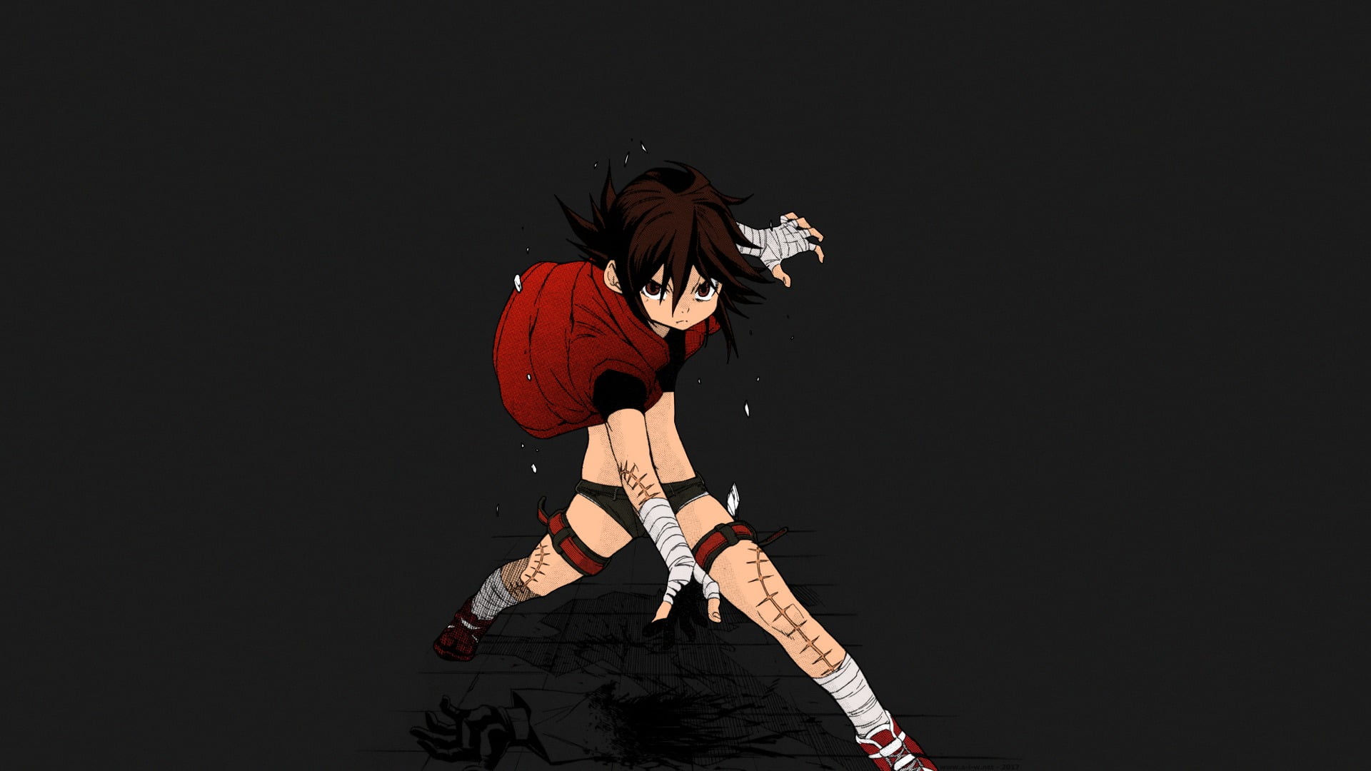 anime, tight clothing, black background, winter sport, indoors, manga, 1080P, scars, vitality, leisure activity, angry, sports clothing, studio shot, full length, HD Wallpaper