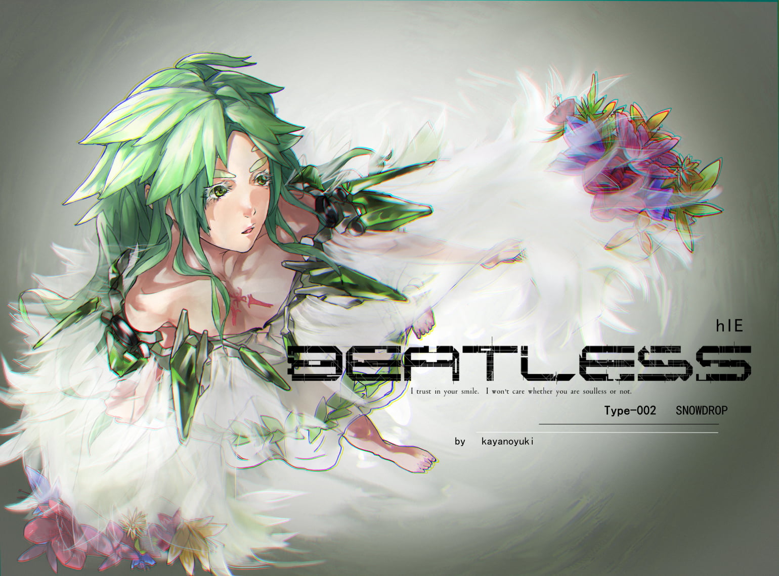 adult, anime, anime girls, one person, green hair, 720P, beauty, arts culture and entertainment, Redjuice, nature, studio shot, fashion, Beatless, feather, HD Wallpaper