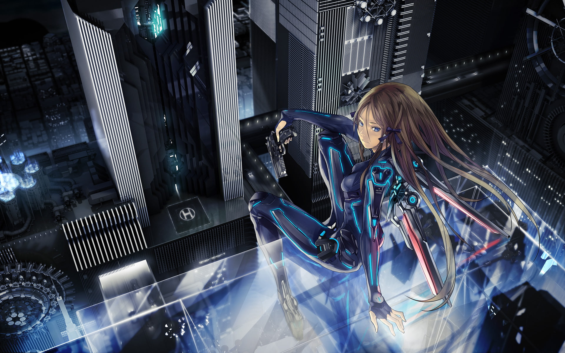 long, beatless, gun, wings, original, blue, brown, 1080P, redjuice, eyes, weapon, hair, HD Wallpaper