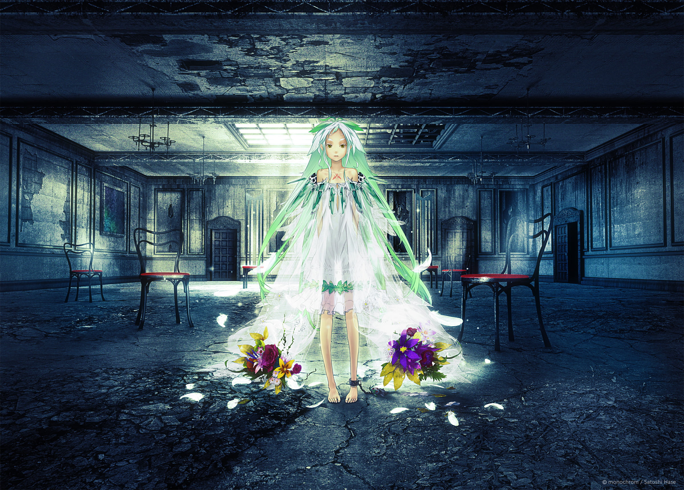 1080P, ghost, house, front view, built structure, flowers, flowering plant, females, spooky, fear, adult, one person, women, green, redjuice, indoors, HD Wallpaper