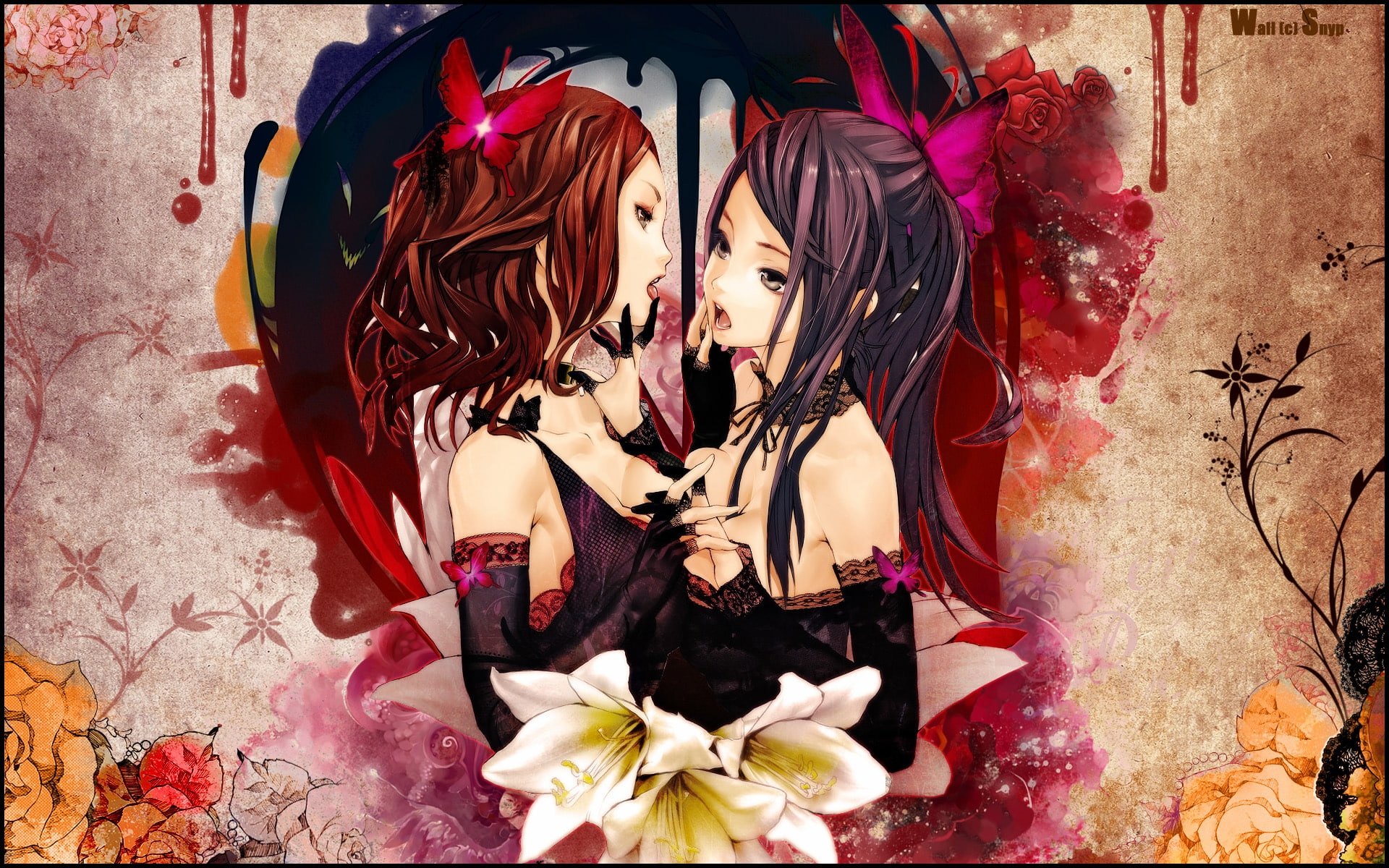 dress, butterflies, hd, snyp, redjuice, short, flowers, brown, brunettes, hair, art, long, original, yuri, 1080P, eyes, animals, Love, HD Wallpaper