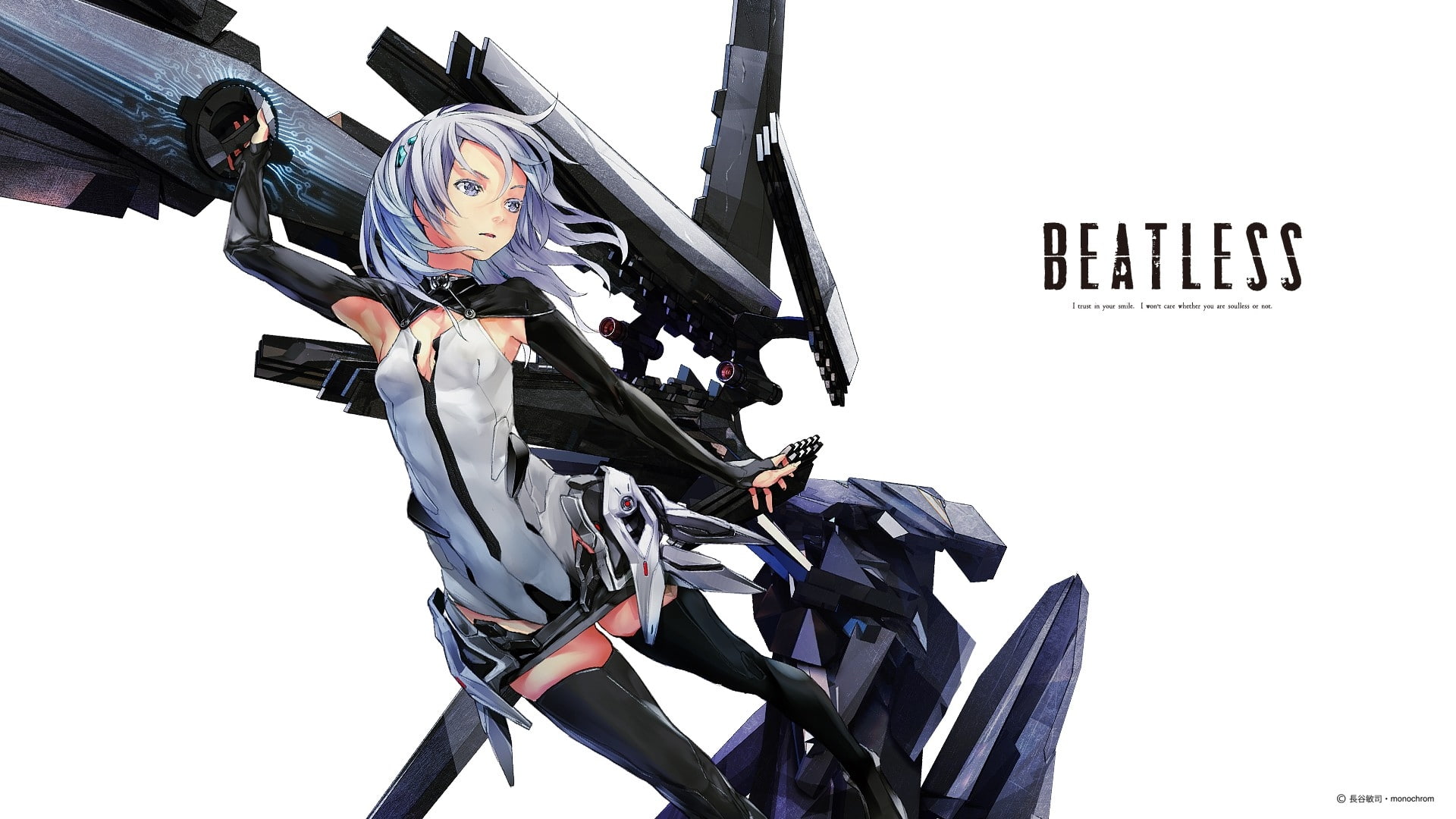 people, anime, thigh, eyes, mecha, redjuice, bodysuit, women, girls, 1080P, highs, hd, gray, art, m, weapons, hair, text, white, short, HD Wallpaper
