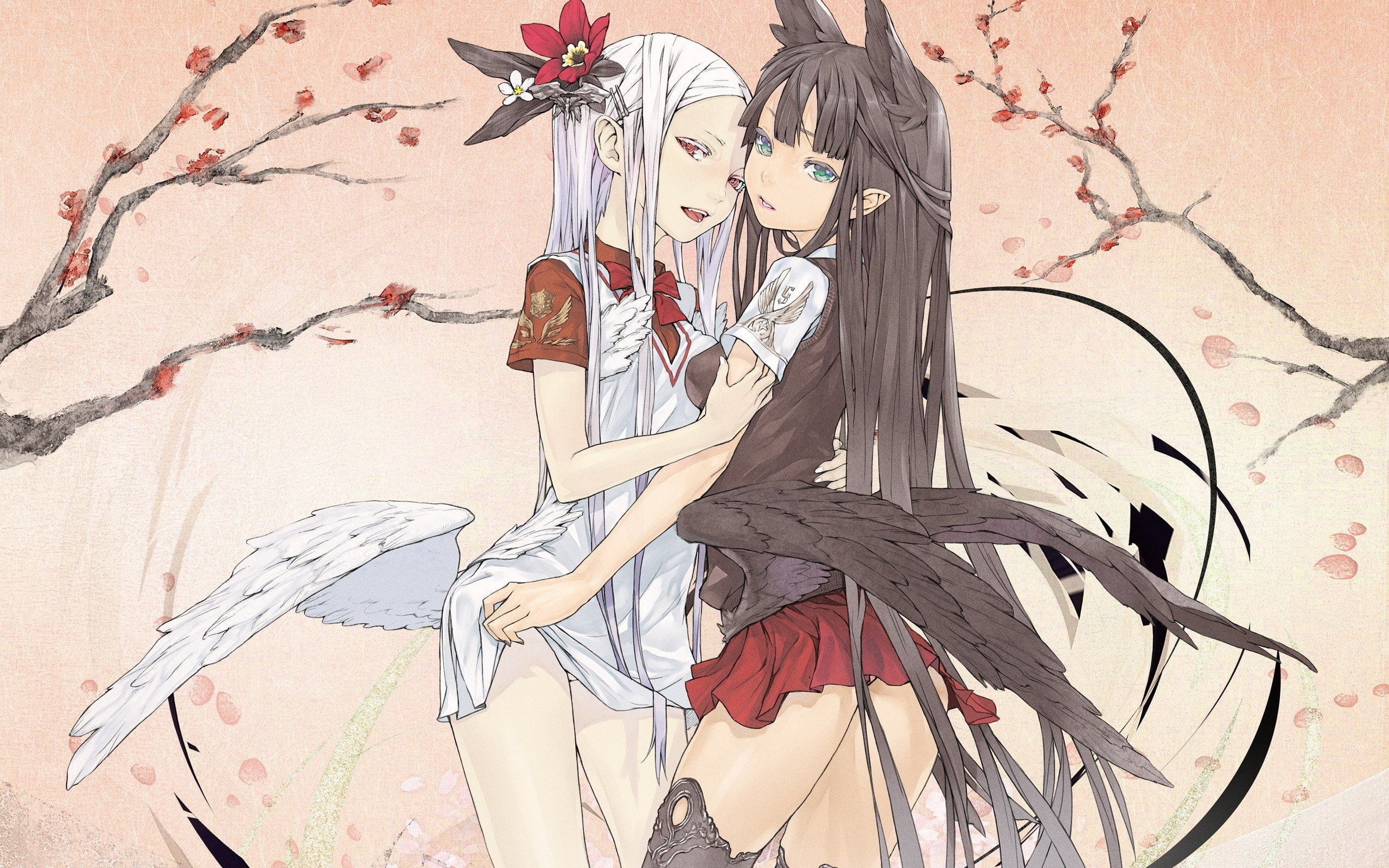 wings, pointy, white, skirts, 2K, hair, hugging, mouth, dress, girls, redjuice, open, ears, bows, ornaments, red, anime, green, highs, animal, thigh, eyes, HD Wallpaper