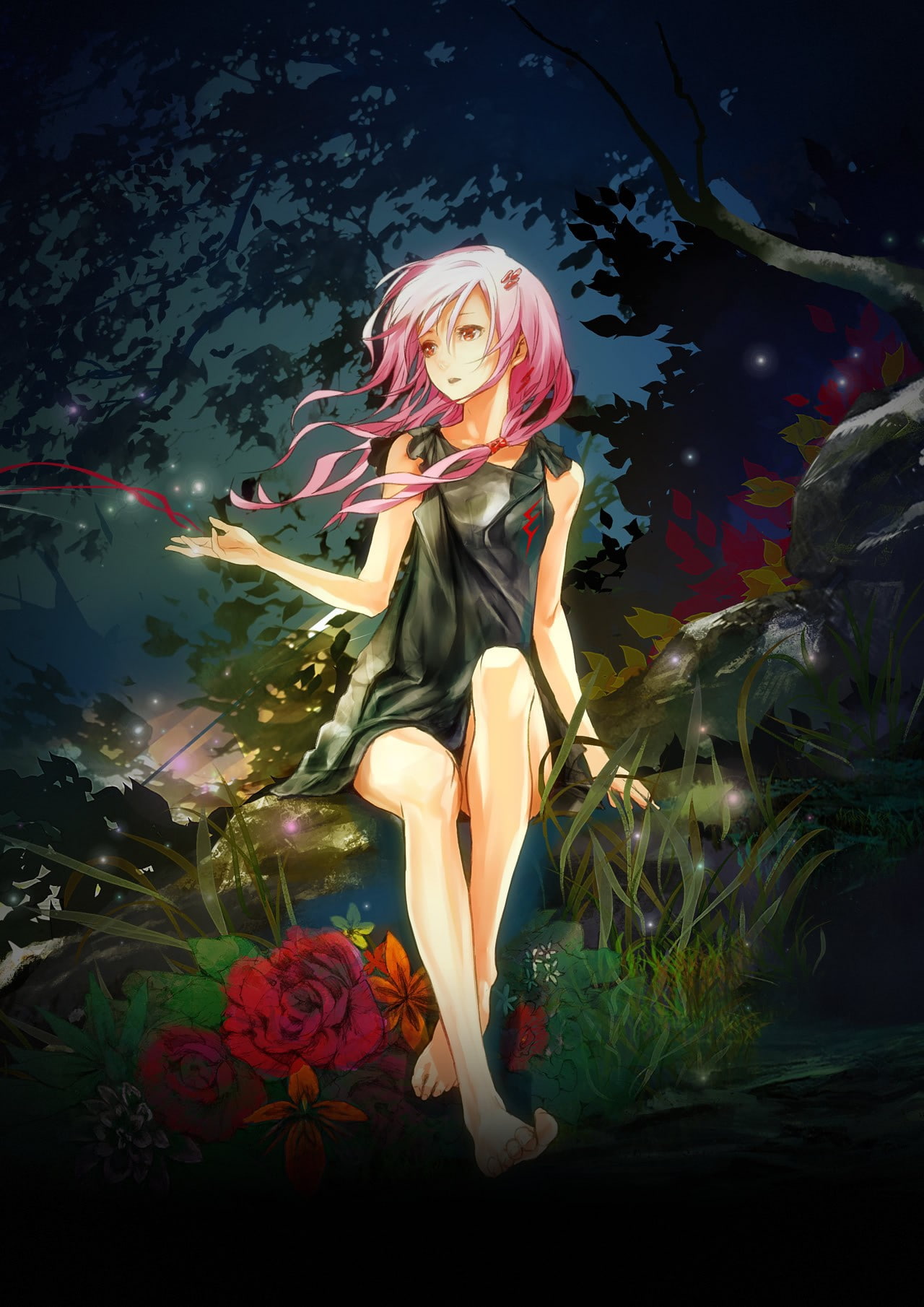 red, guilty, inori, nature, pink, yuzuriha, art, hd, long hair, Flowers, girls, 720P, anime, twintails, crown, hair, redjuice, eyes, long, Phone HD Wallpaper