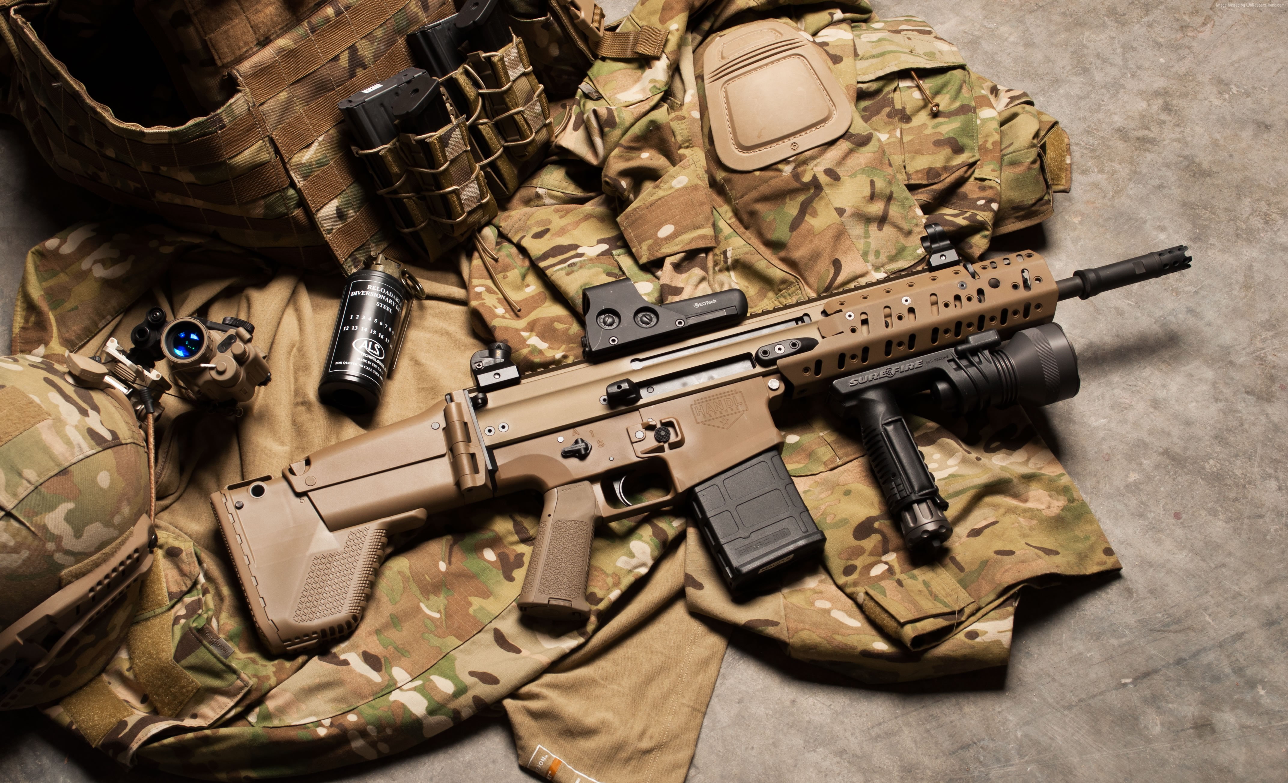 military, uniform, assault rifle, FN Herstal, modular rifle, hand grenade, ammunition, 4K, FN SCAR, HD Wallpaper