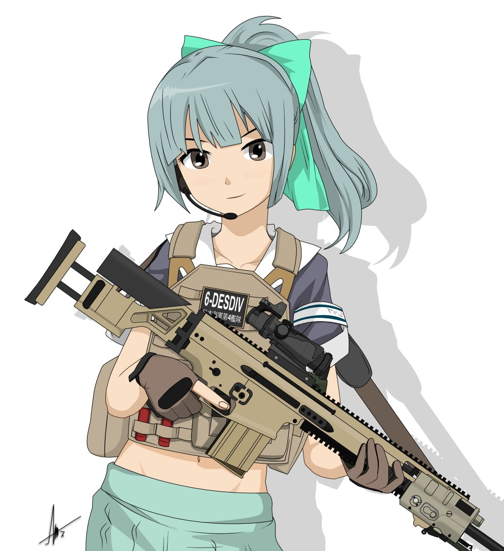 l, Kantai Collection, Yuubari (KanColle), Assault Rifle, Anime Girls, 480P, FN SCAR, Phone HD Wallpaper